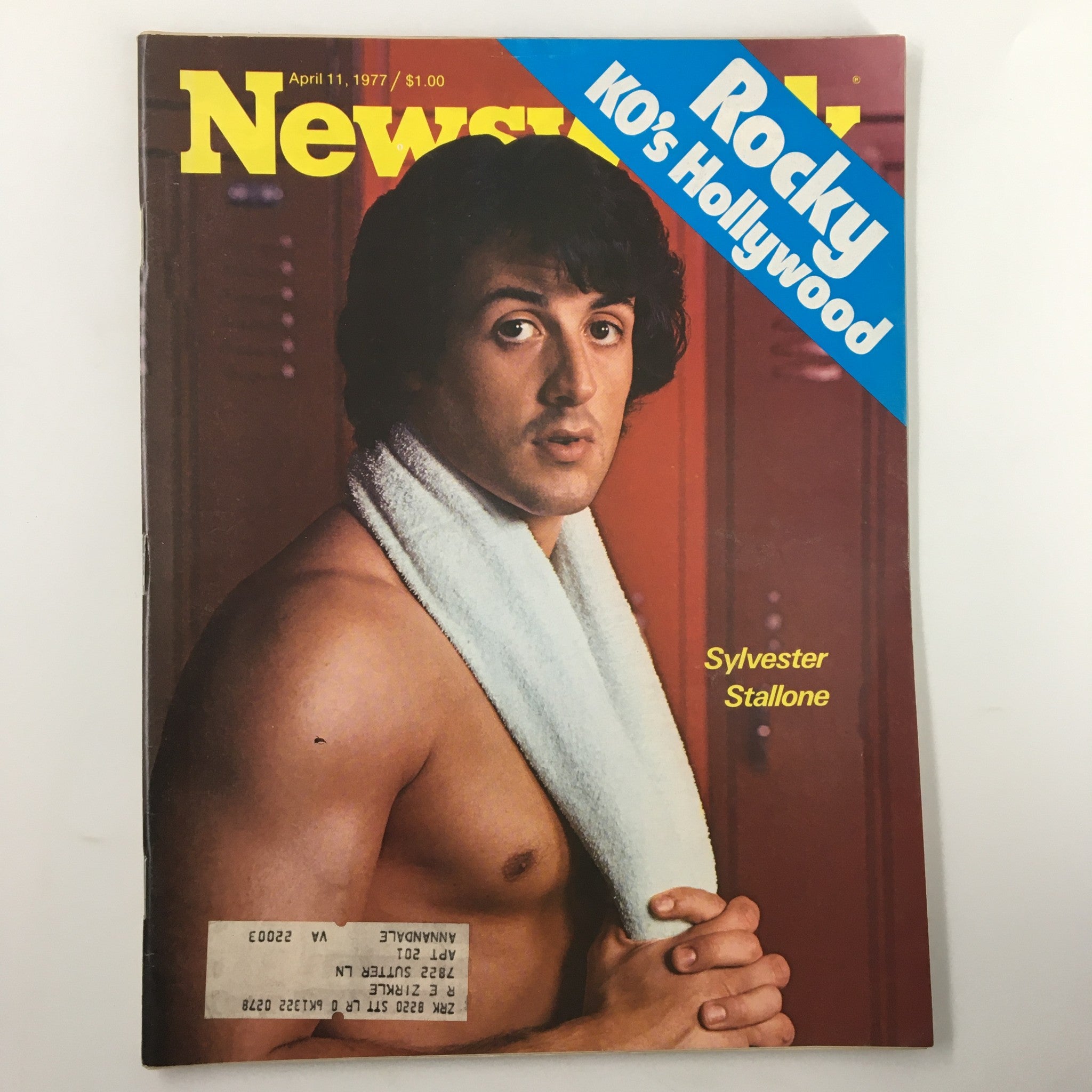 Vintage Newsweek Magazine from April 11, 1977, featuring Sylvester Stallone on the cover with the headline 'Rocky KO's Hollywood'.