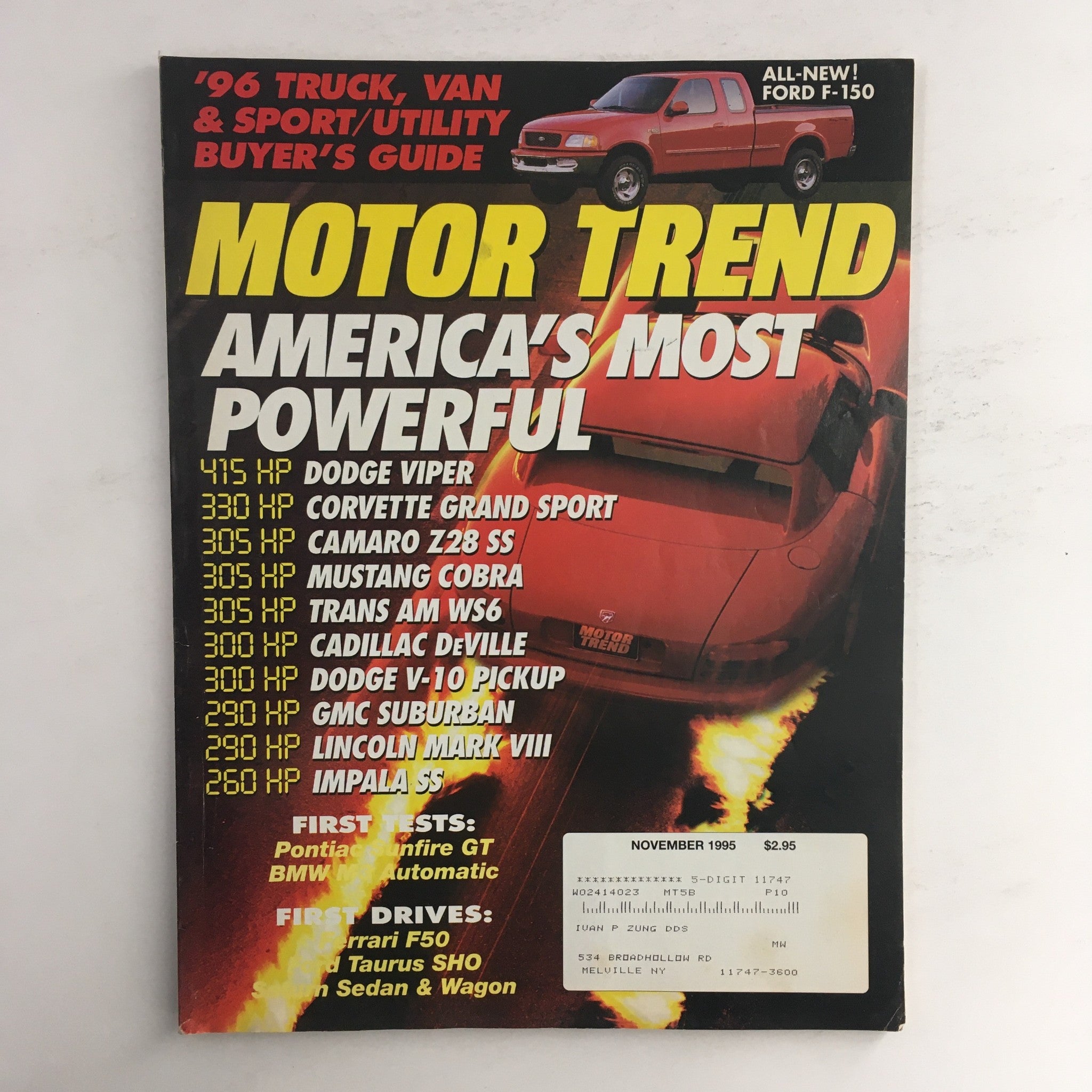 Motor Trend Magazine November 1995 America's Most Powerful Buyer's Guide, VG