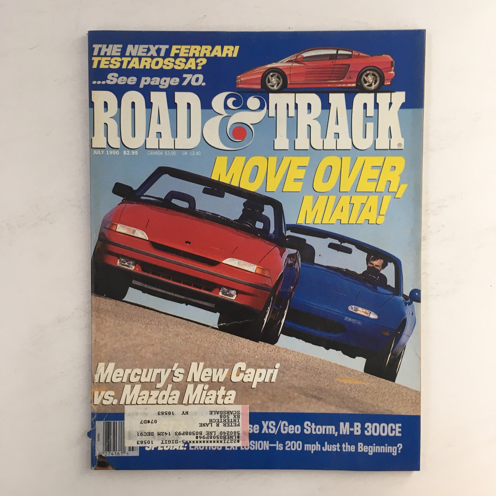 Road & Track Magazine July 1990 Mercury Capri vs Mazda Maita, Ferrari Testarossa