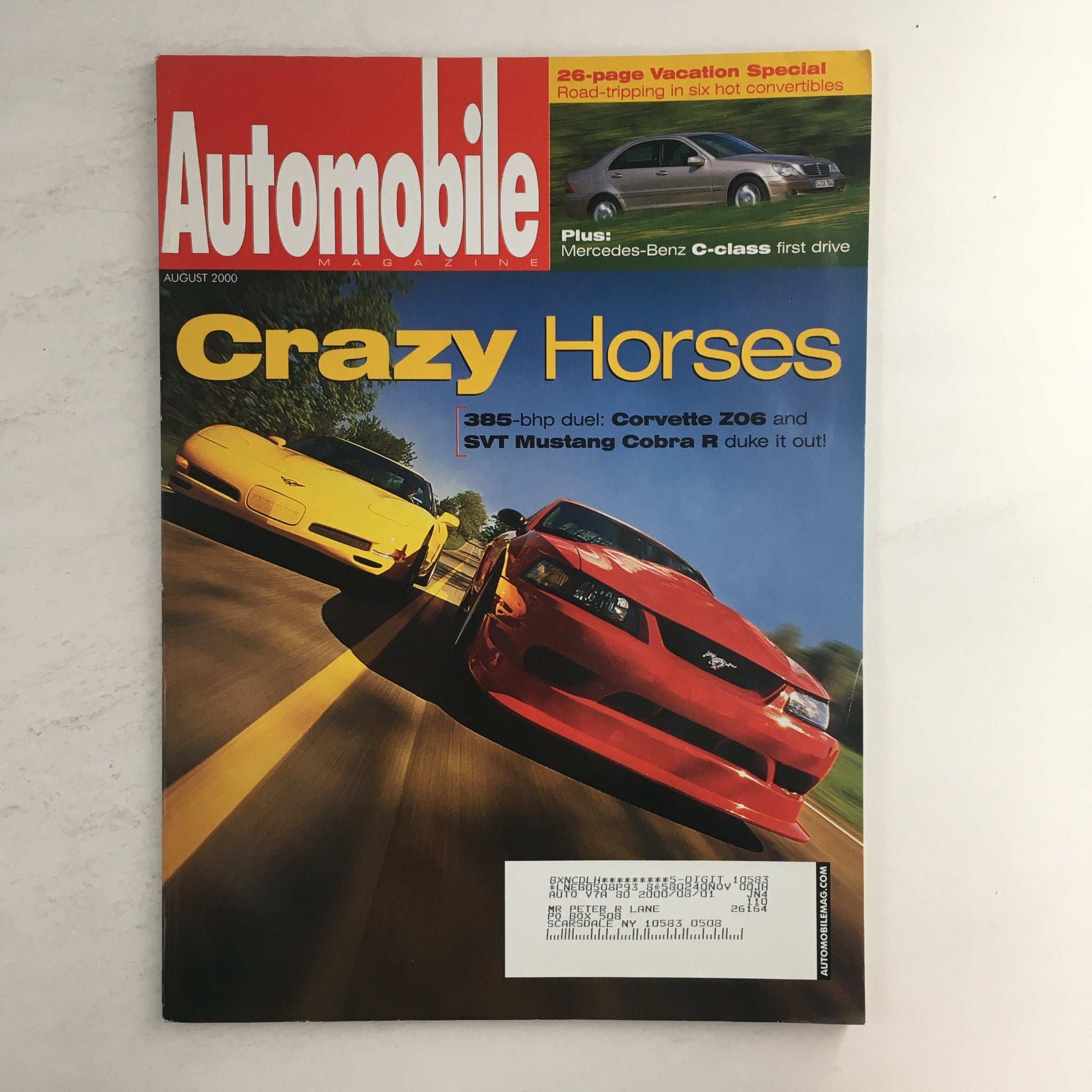 Automobile Magazine August 2000 Corvette Z06 & STV Mustang Cobra R 385-bhp Duel