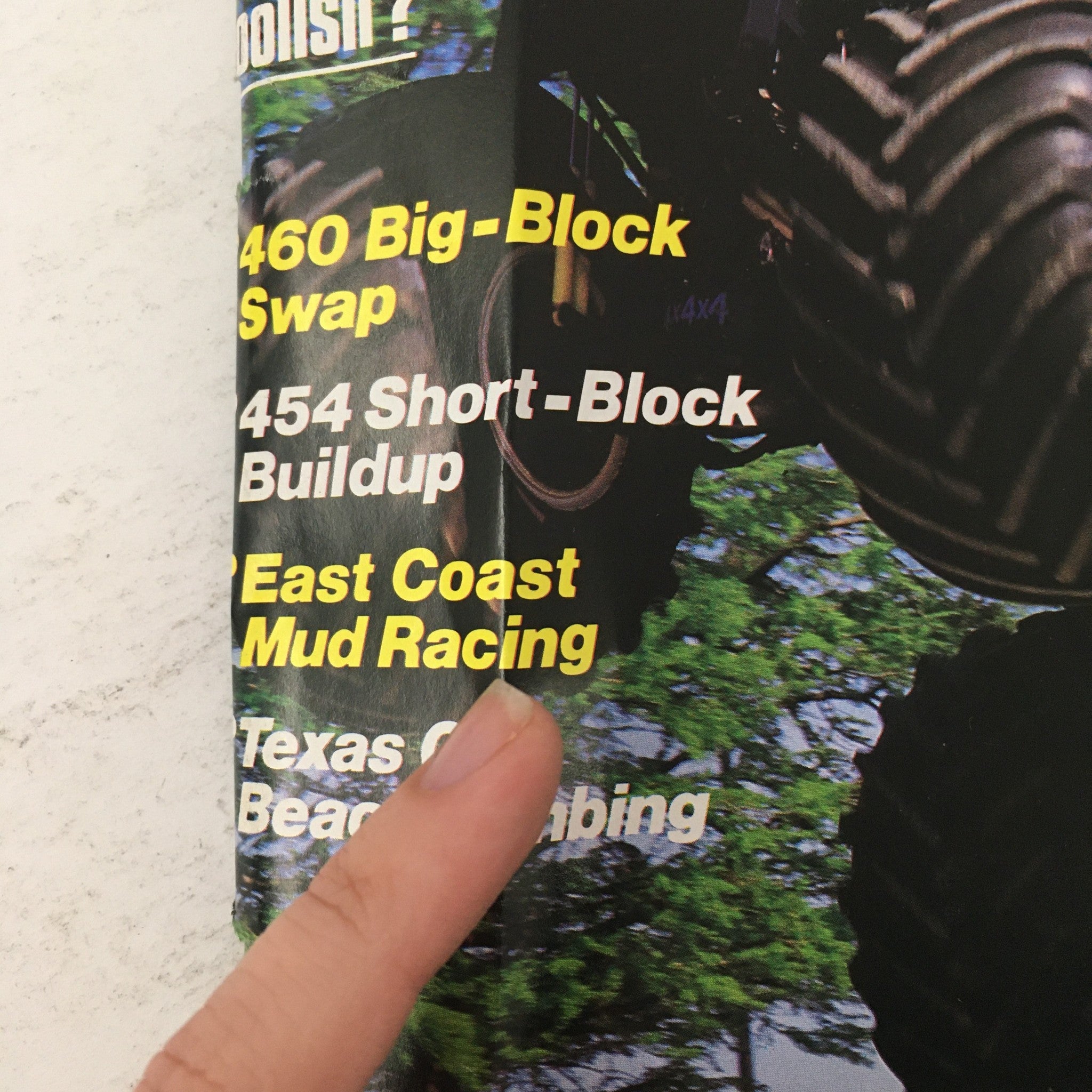 Close-up of the Petersen's 4 Wheel & Off-Road Magazine cover from October 1987, highlighting feature articles including 460 Big-Block Swap, 454 Short-Block Buildup, and East Coast Mud Racing.