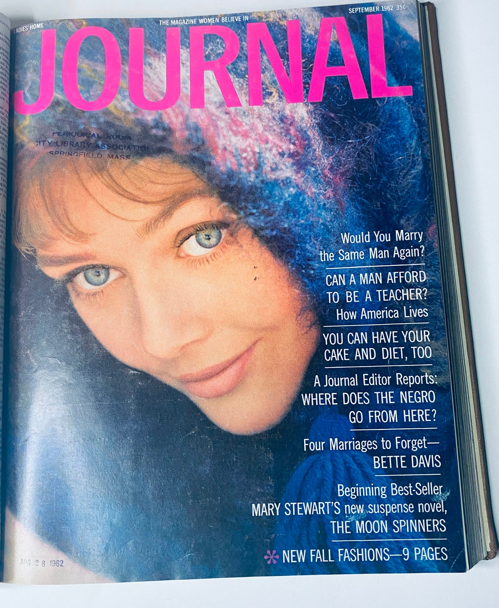 Ladies' Home Journal Library Bound Magazine 1962 Full Year January - December featuring the September issue cover with a striking model's face, exemplifying the magazine's focus on fashion and social topics.