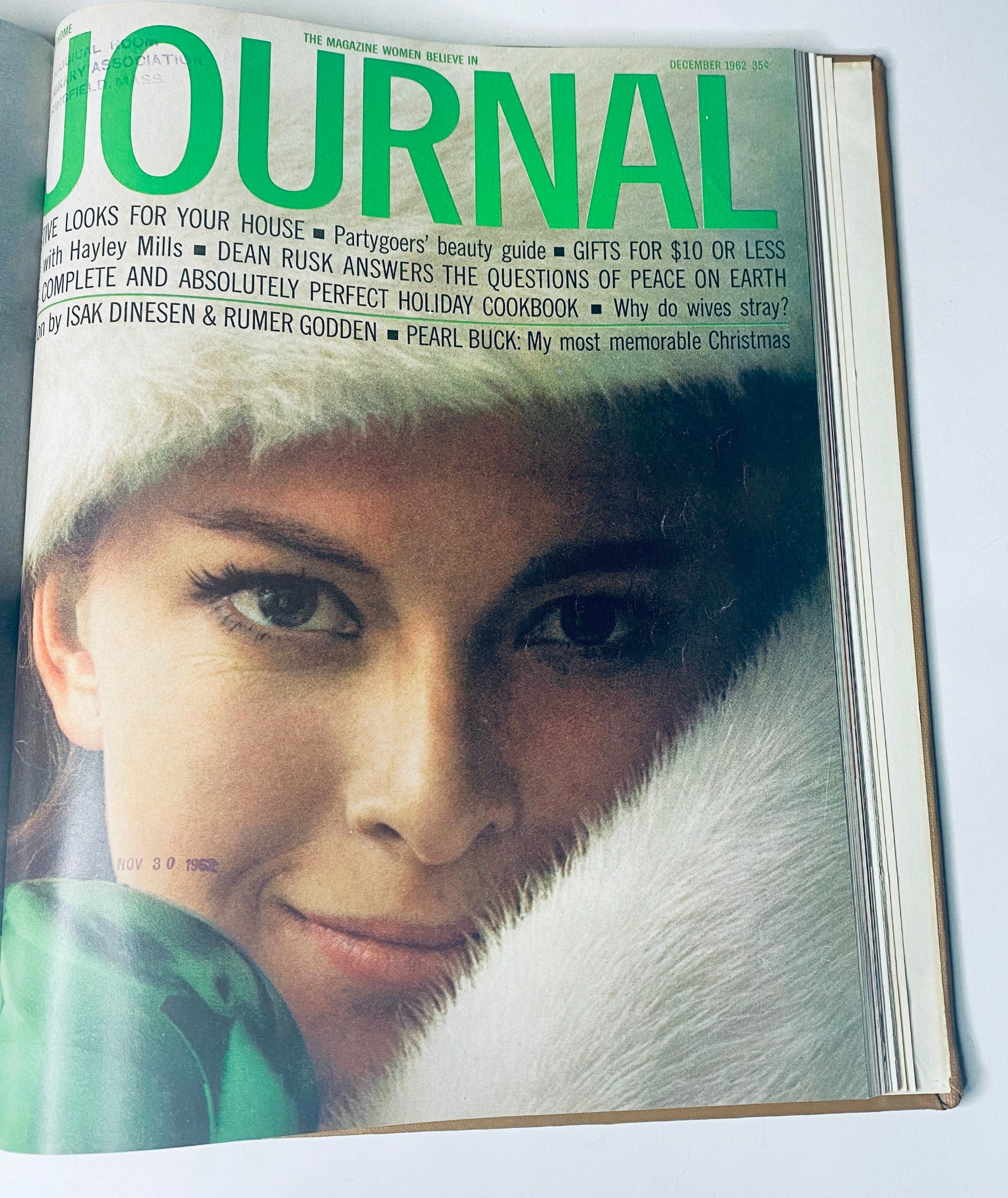 Cover of Ladies' Home Journal Bound Magazine December 1962 showcasing a woman's portrait with winter fashion, illustrating seasonal beauty and holiday themes.