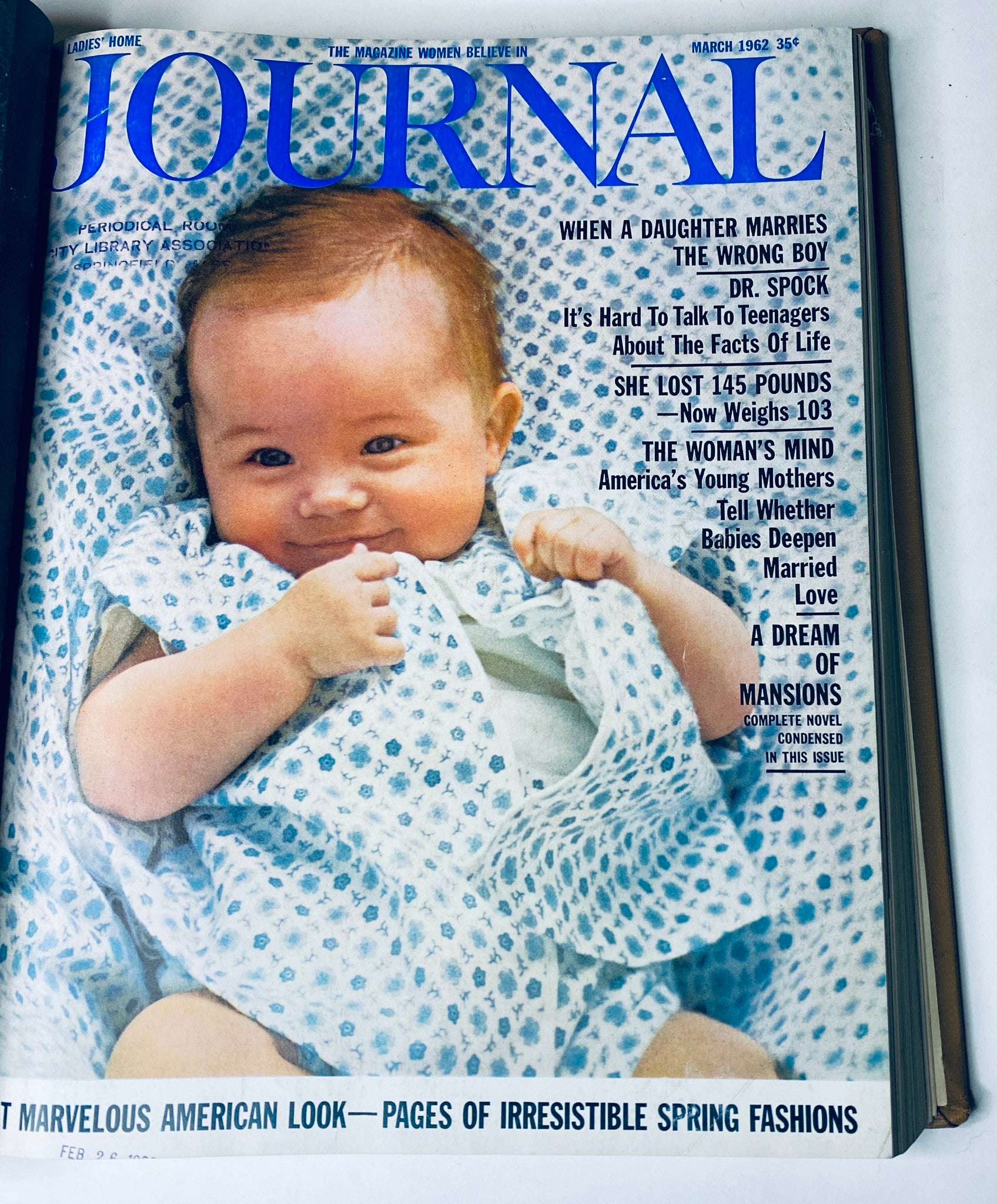 Ladies' Home Journal Library Bound Magazine 1962 Full Year January - December - March 1962 issue cover displaying an adorable baby, highlighting themes of motherhood and family in the magazine.