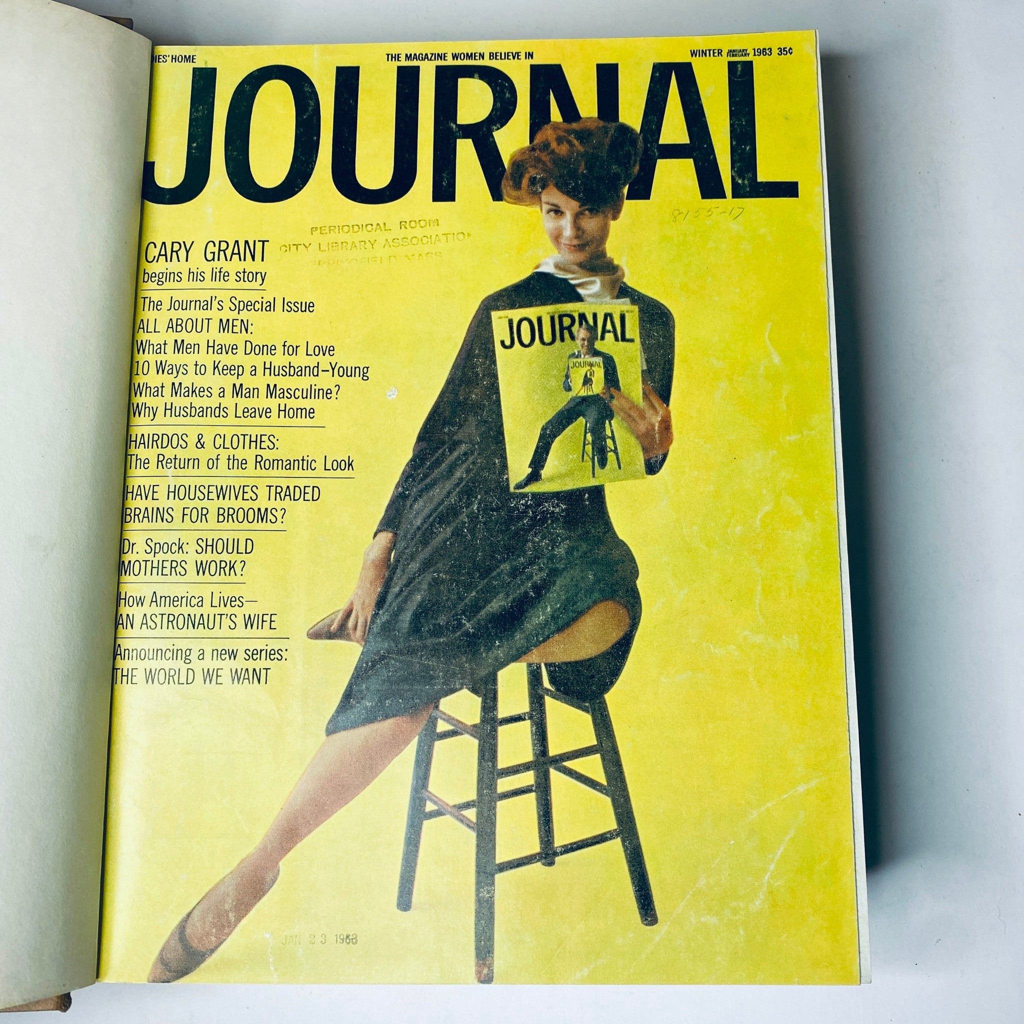 Ladies' Home Journal Library Bound Magazine 1963 Full Year January - December - Cover of the Winter 1963 issue featuring Cary Grant and bold yellow design.