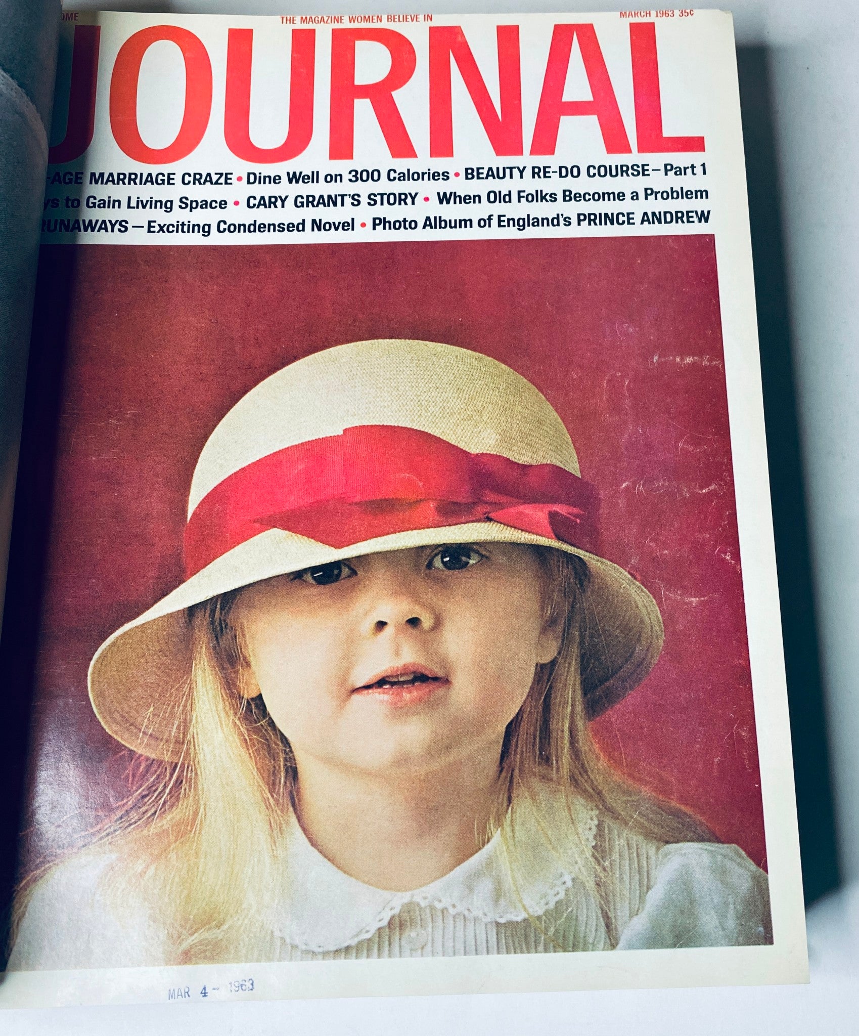 Ladies' Home Journal Library Bound Magazine 1963 Full Year January - December - Cover of the March 1963 issue showcasing a young girl in a summer hat.