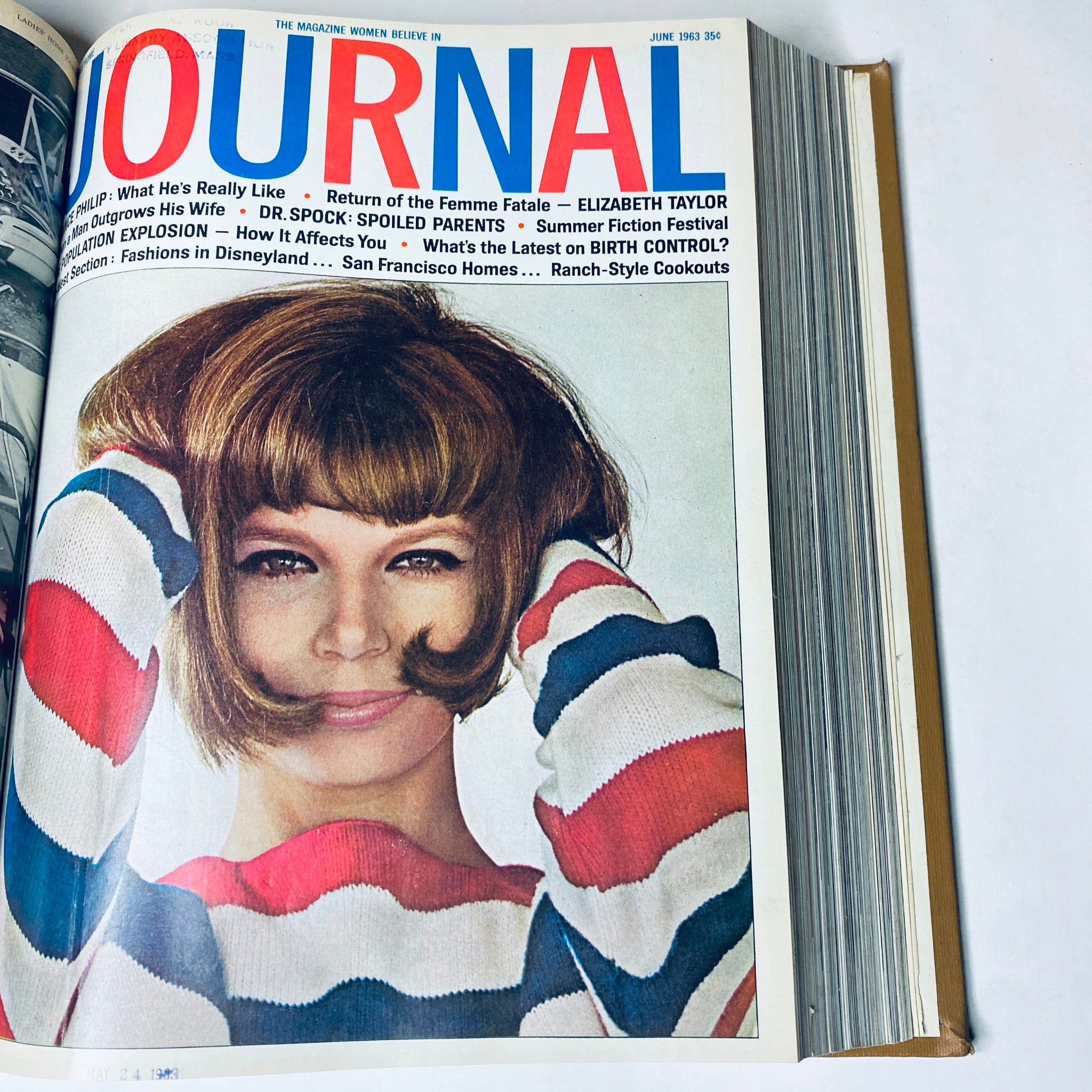 Ladies' Home Journal Library Bound Magazine 1963 Full Year January - December showcasing a model with a stylish bob haircut wearing a colorful striped sweater on the cover of the June 1963 issue.