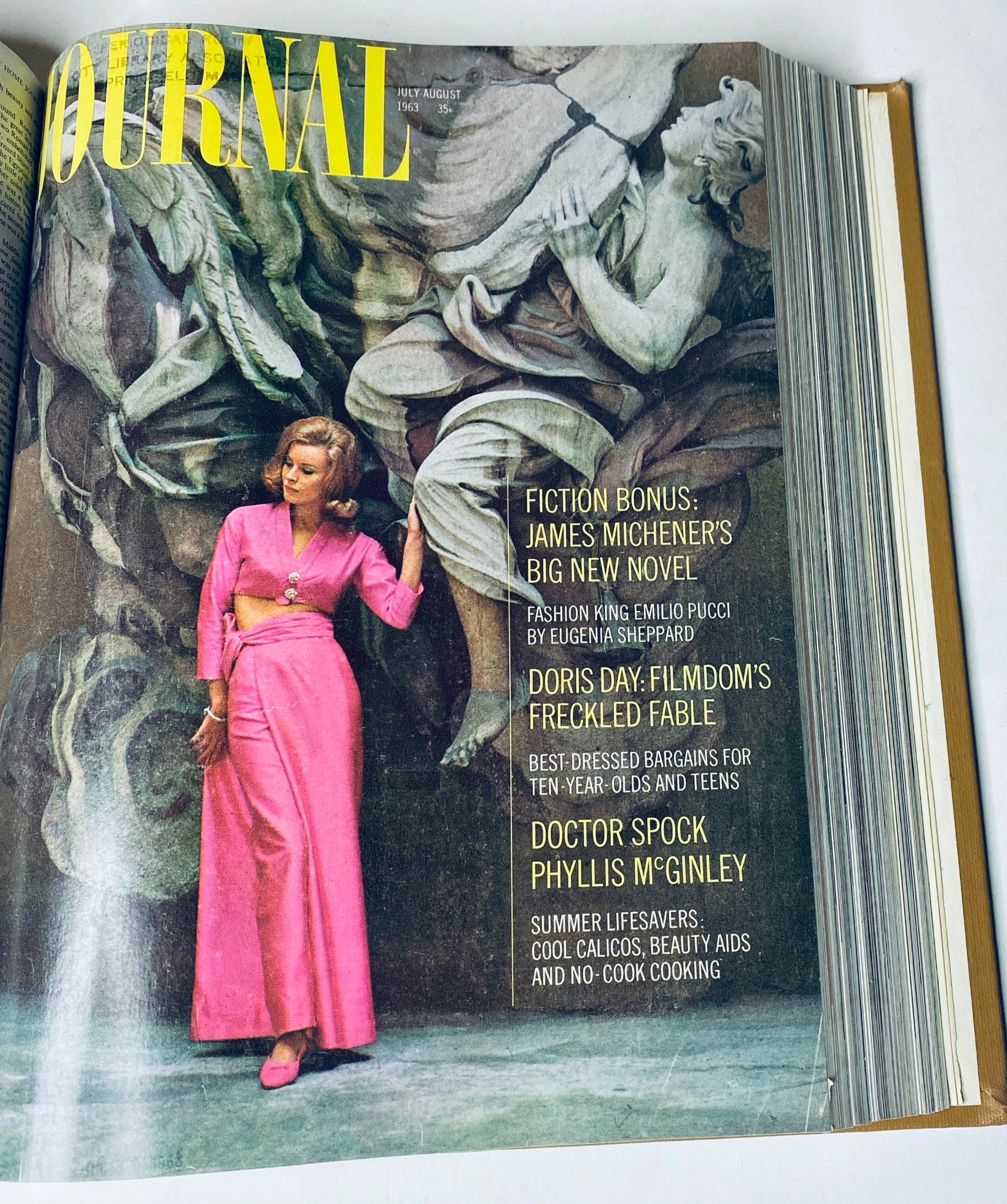 Ladies' Home Journal Library Bound Magazine 1963 Full Year January - December featuring a glamorous model in a pink dress posed next to a classical sculpture on the cover of the July-August 1963 issue.