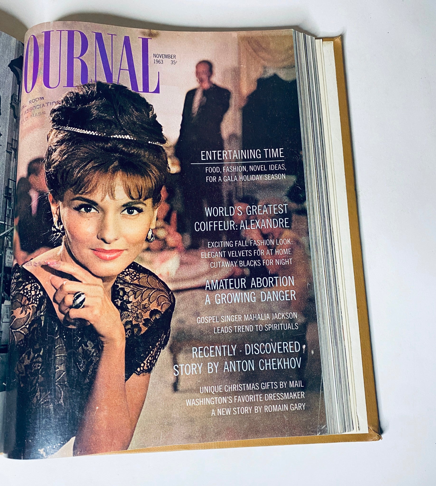 Ladies' Home Journal Library Bound Magazine 1963 Full Year January - December highlighting a sophisticated model in an elegant black dress on the cover of the November 1963 issue.