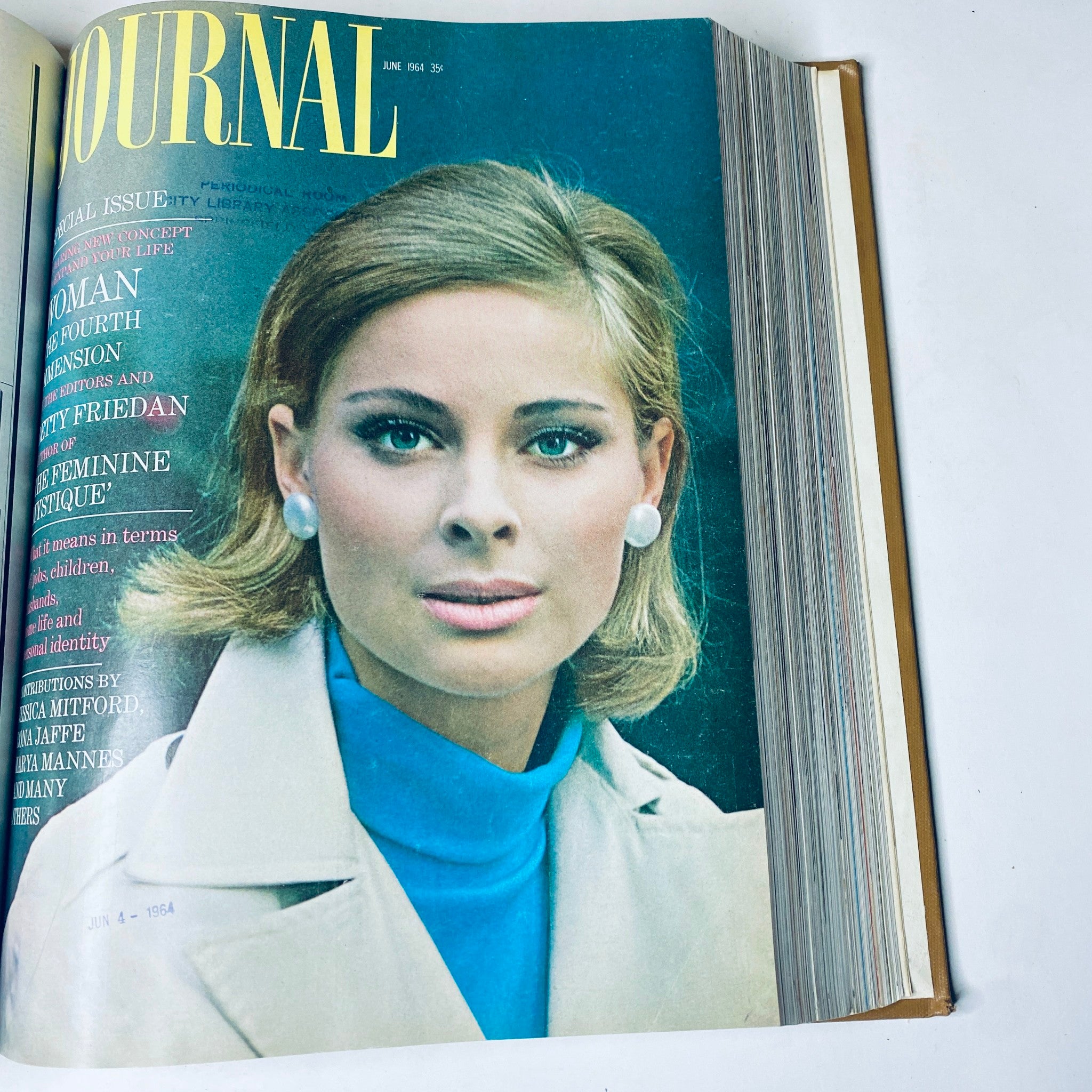 Cover of Ladies' Home Journal June 1964 with a portrait of a woman in stylish attire, discussing women's issues and the feminist movement.