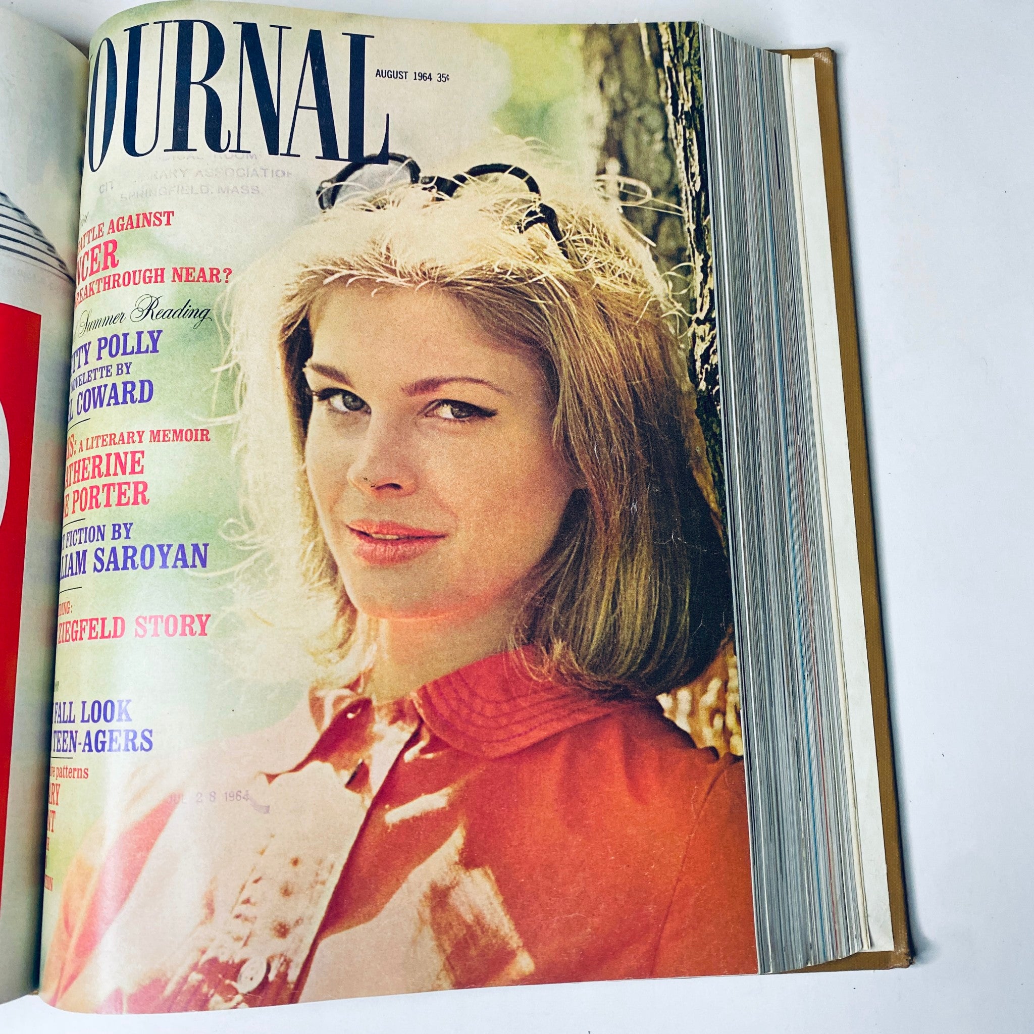 Ladies' Home Journal Bound Magazine 1964 - August issue featuring a woman with stylish hair and a red shirt, showcasing the cover design and focused on topics like summer reading.