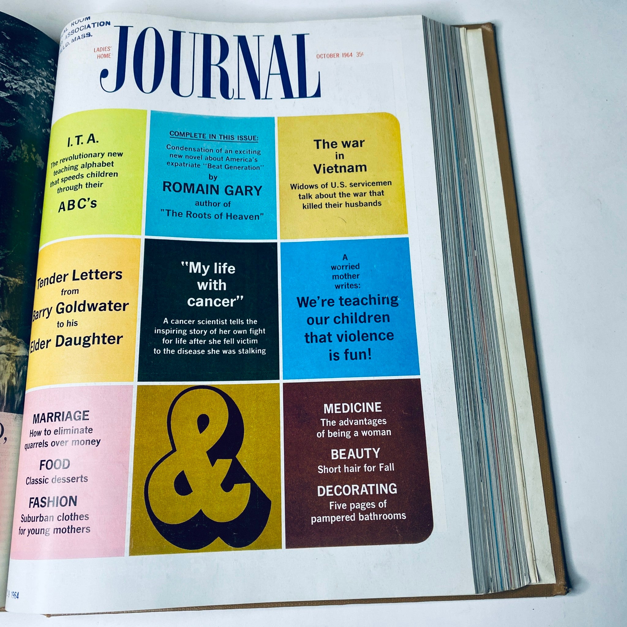Ladies' Home Journal Bound Magazine 1964 - October issue cover displaying a vibrant layout with articles on various subjects, including the Vietnam War and women's issues.
