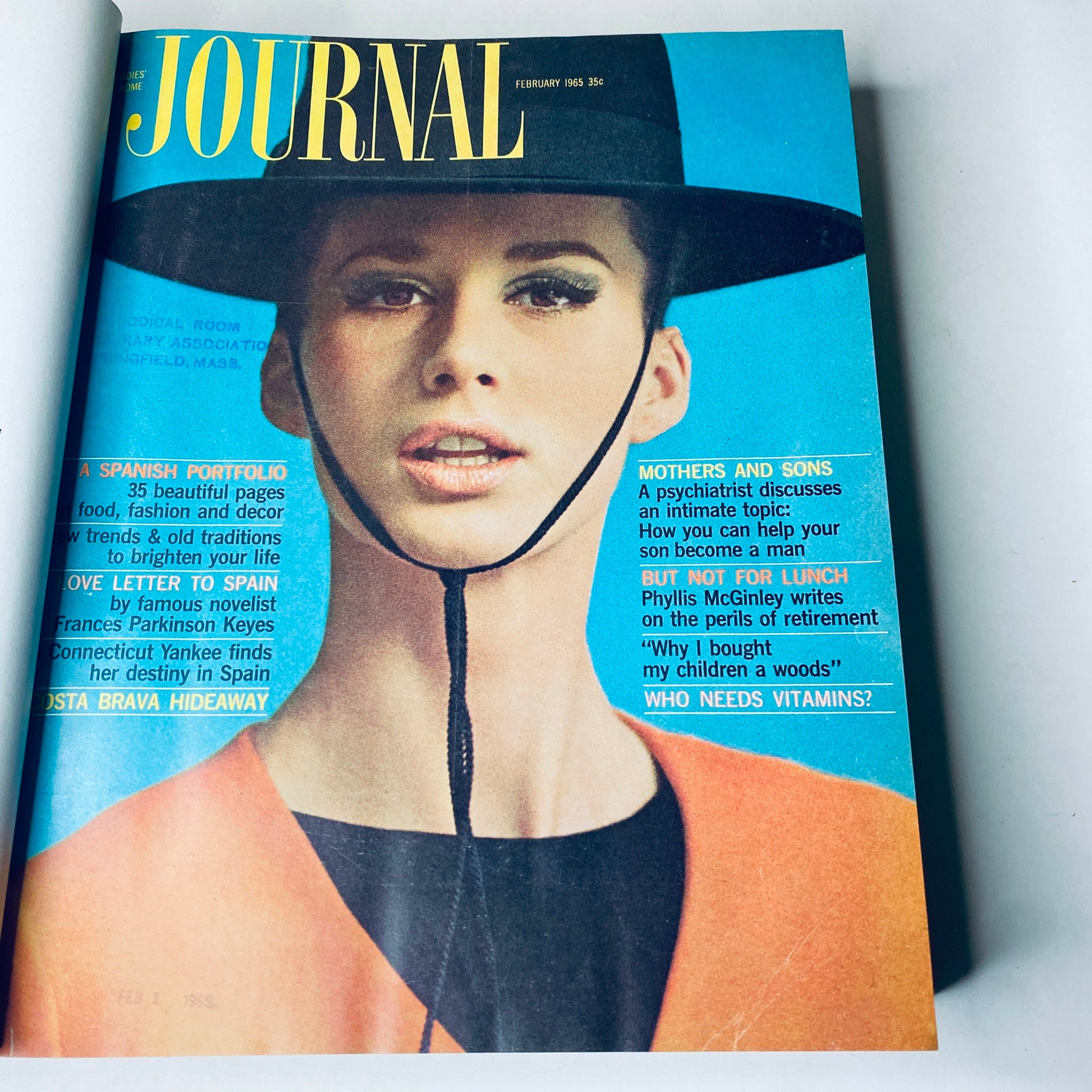 Cover of Ladies' Home Journal February 1965 showcasing a model in a stylish hat, featuring articles on family and lifestyle.