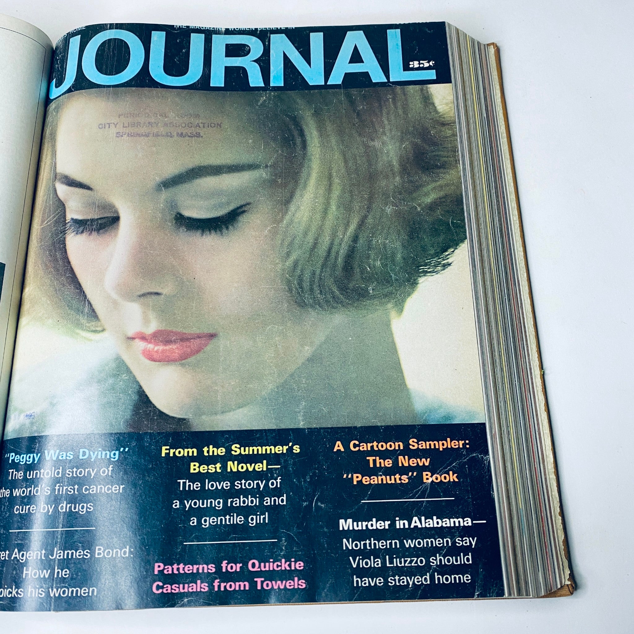 Cover of Ladies' Home Journal from January 1965 featuring a striking image of a young woman with styled hair and makeup, highlighting articles like 'Peggy Was Dying' and 'Patterns for Quickie Casuals from Towels'.