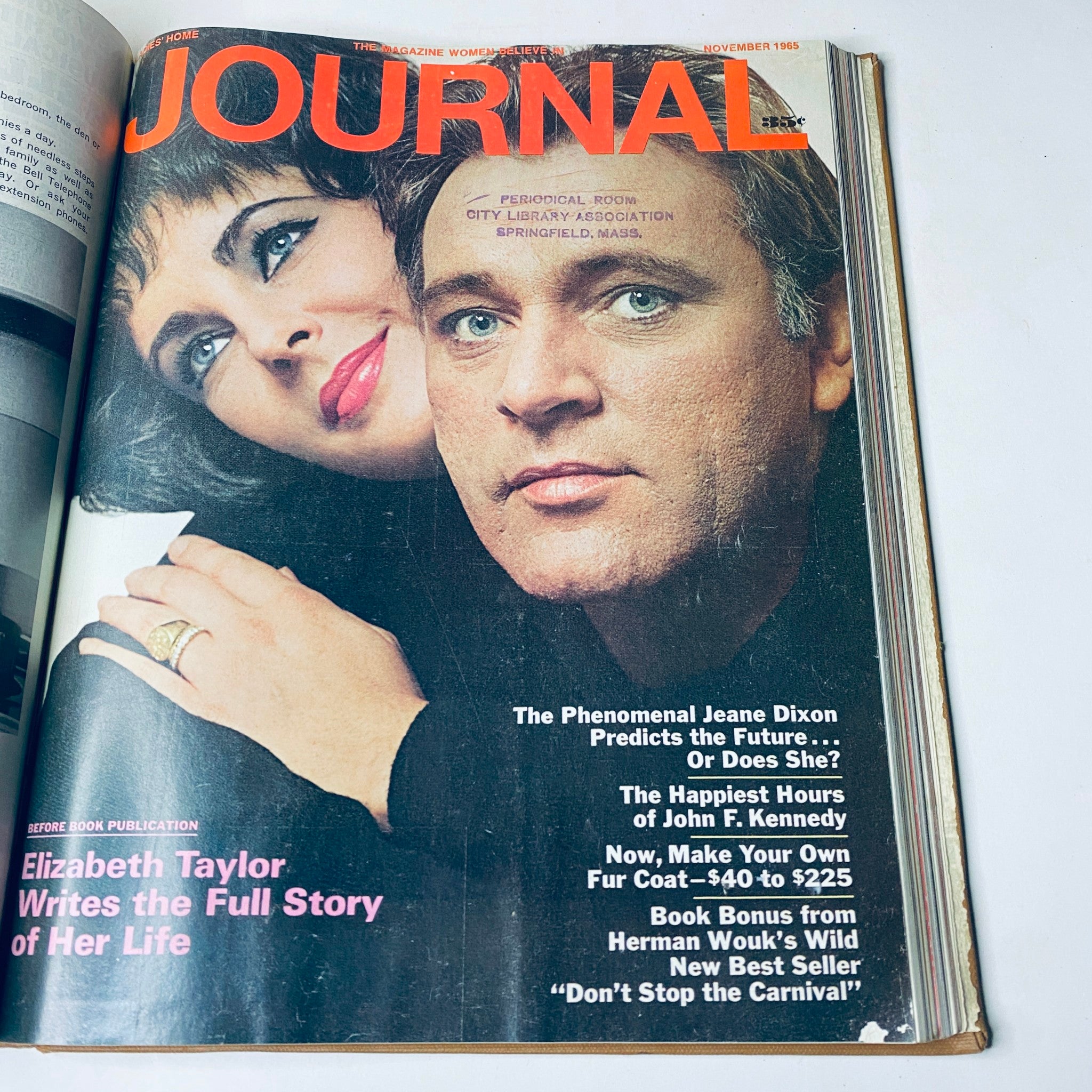 Cover of Ladies' Home Journal from November 1965 featuring images of Elizabeth Taylor and other cultural commentary, including predictions and advice for readers.