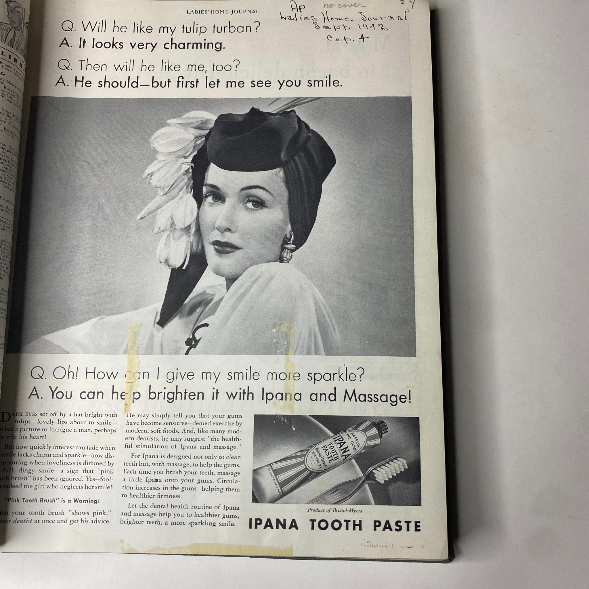 Interior page from Ladies' Home Journal Library Bound Magazine 1942, featuring a vintage advertisement for Ipana Tooth Paste, highlighting beauty and health tips.