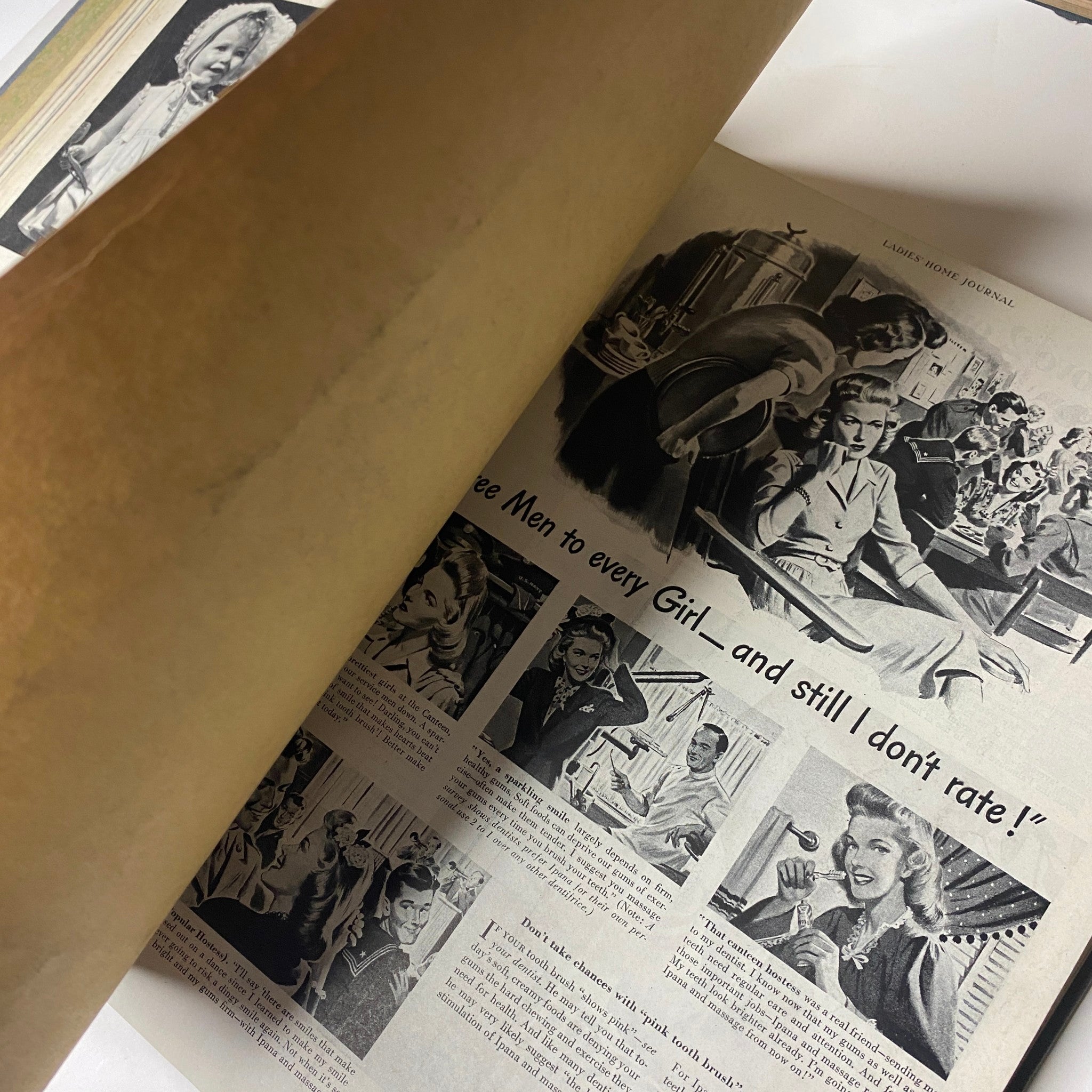 Interior image of Ladies' Home Journal from 1943, displaying a black and white article spread with various illustrations and text about women's wartime experiences.
