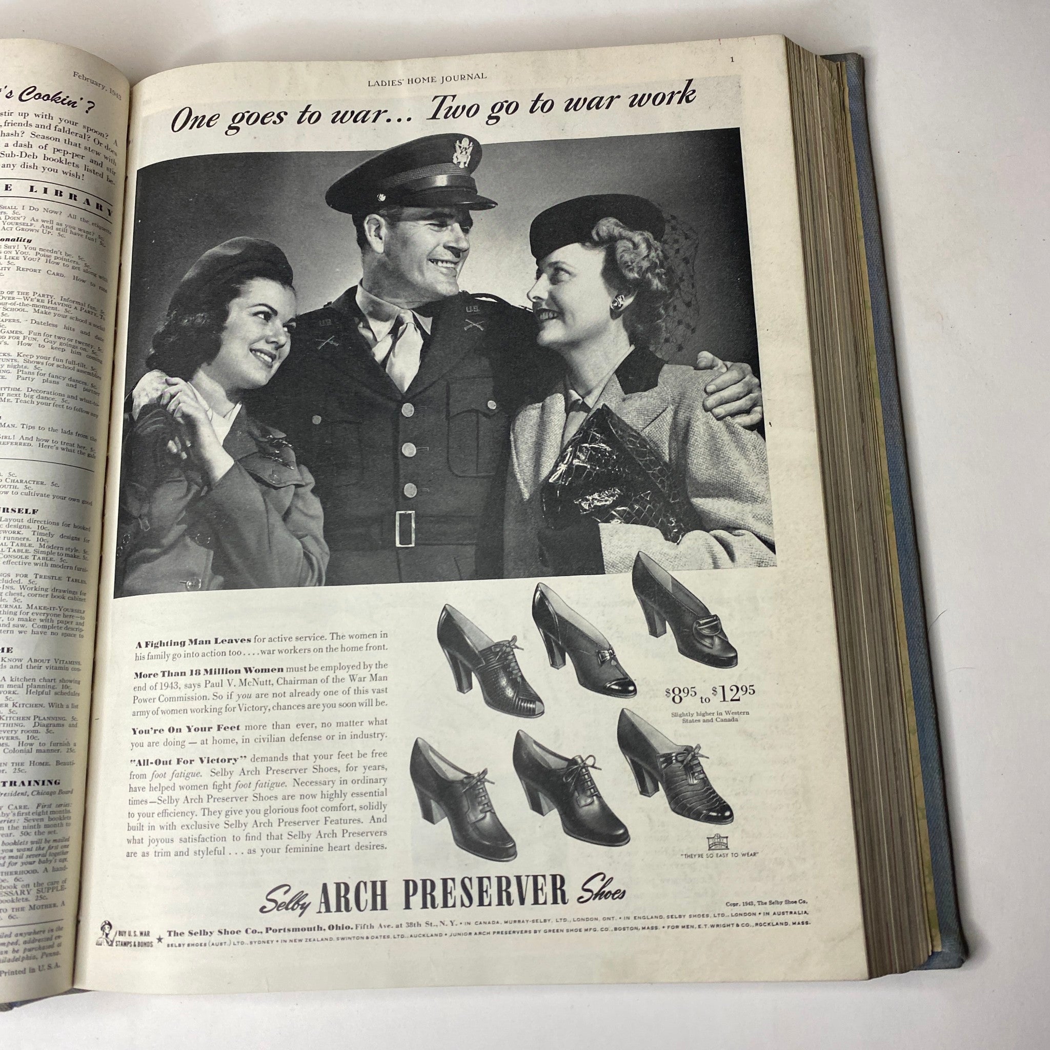 Ladies' Home Journal Library Bound Magazine 1943 presenting a black and white advertisement page, illustrating a soldier and women in wartime attire discussing shoe styles.