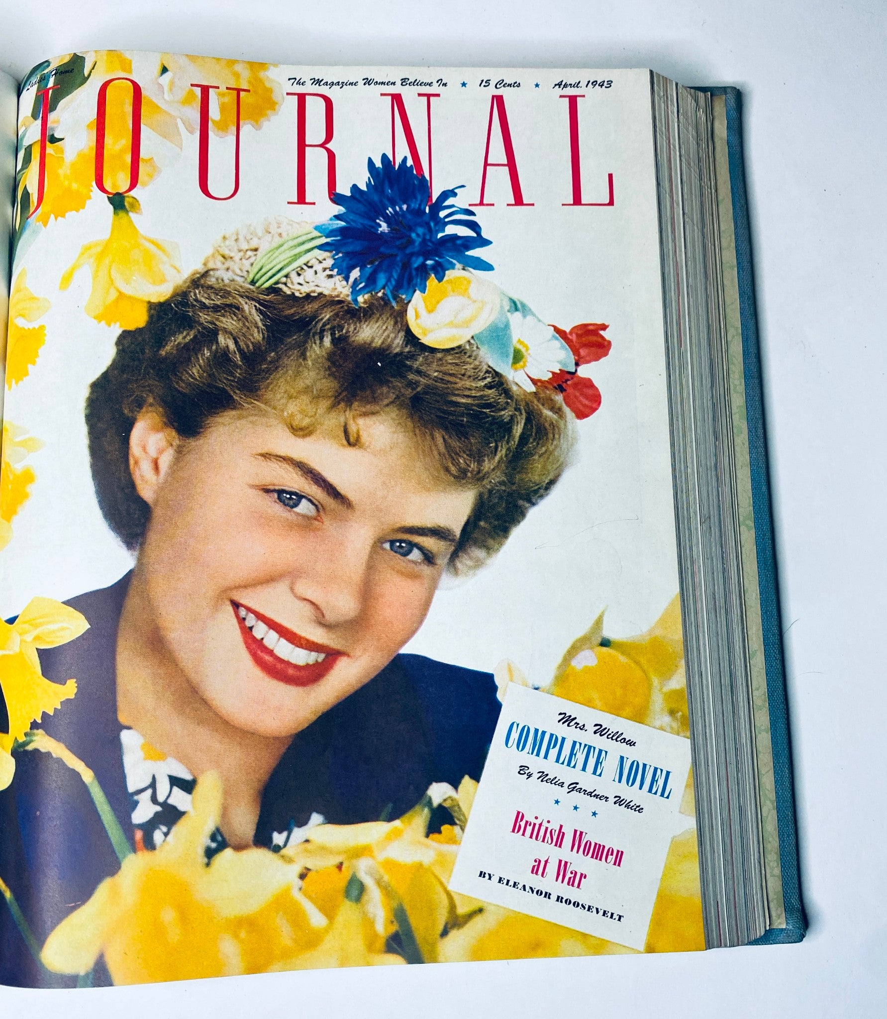 Ladies' Home Journal Library Bound Magazine 1943 Full Year January - December, April 1943 cover featuring a smiling woman with flowers in her hair.