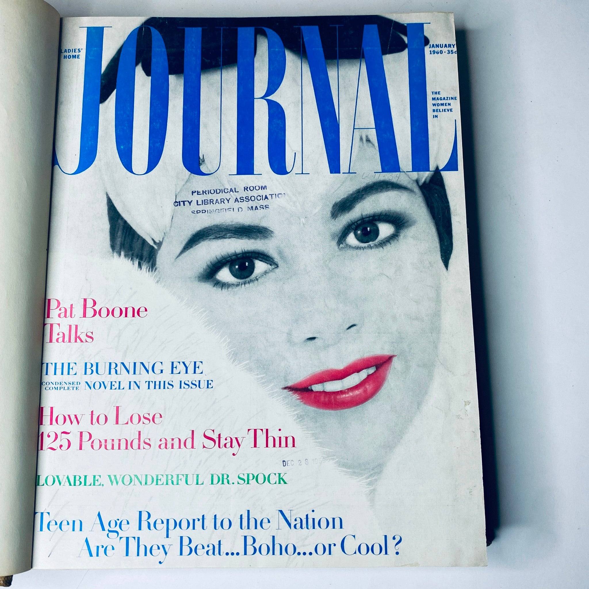 January 1960 cover of the Ladies' Home Journal, featuring bold graphics and a striking close-up portrait of a woman, illustrating the magazine's engaging content.