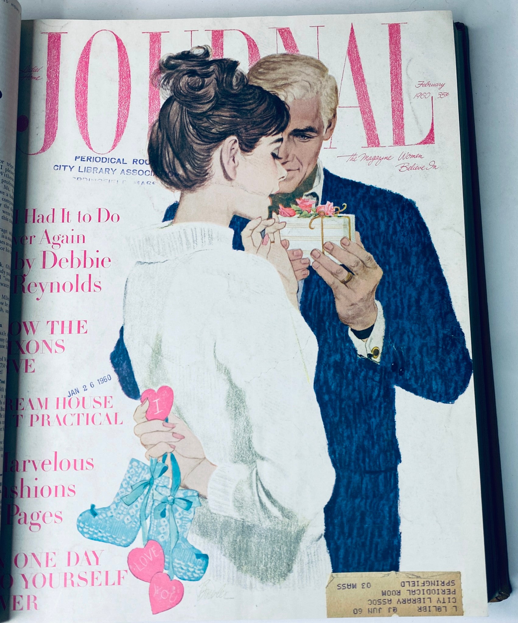 February 1960 cover of the Ladies' Home Journal, displaying an artistic illustration of a man giving a woman a gift, capturing the romantic themes of the magazine's features.