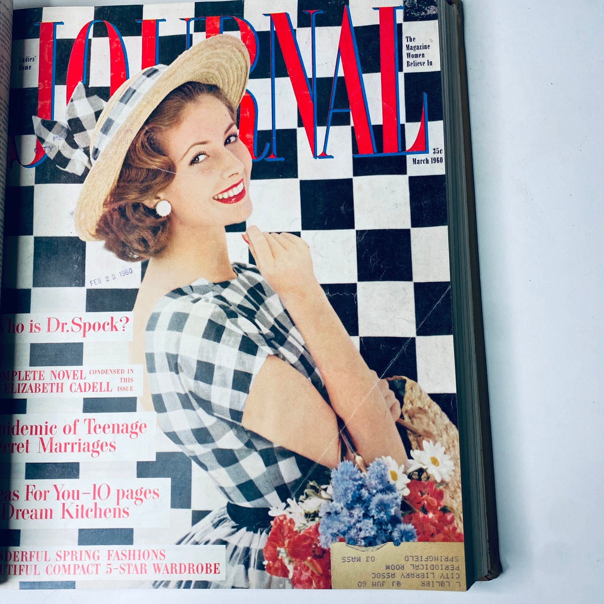 Ladies' Home Journal Bound Magazine 1960 cover featuring a smiling woman in a checkered dress and straw hat, showcasing the March issue.