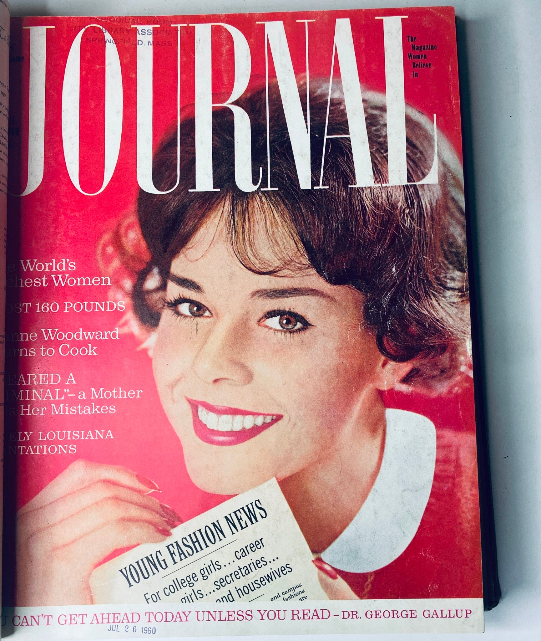 Ladies' Home Journal Library Bound Magazine 1960 - Cover of the July 1960 issue, showing a woman smiling with a red background and magazine highlights.
