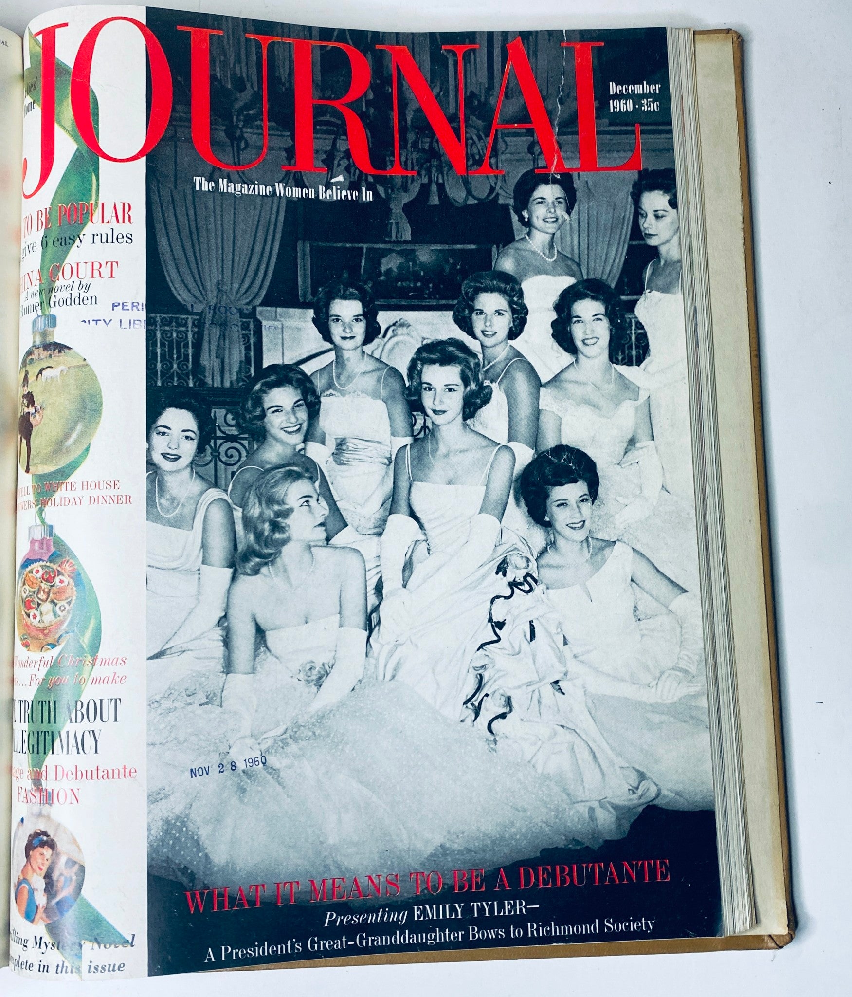 Ladies' Home Journal Library Bound Magazine 1960 - Cover of December issue highlighting the theme of debutantes with a black and white photo of young women in formal dresses.