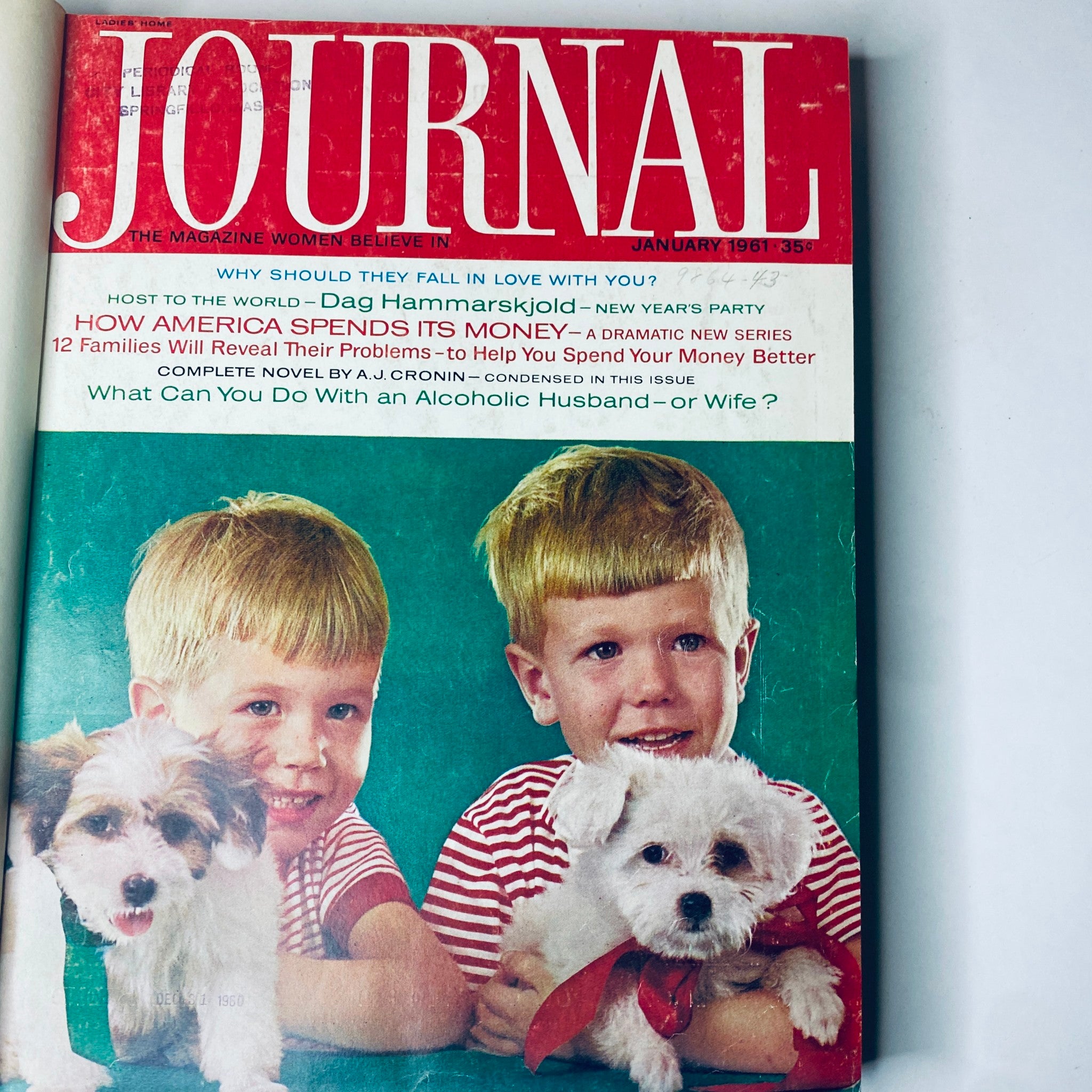 Cover of Ladies' Home Journal Bound Magazine 1961 featuring two boys with puppy dogs in January issue, highlighting articles about family and financial advice.