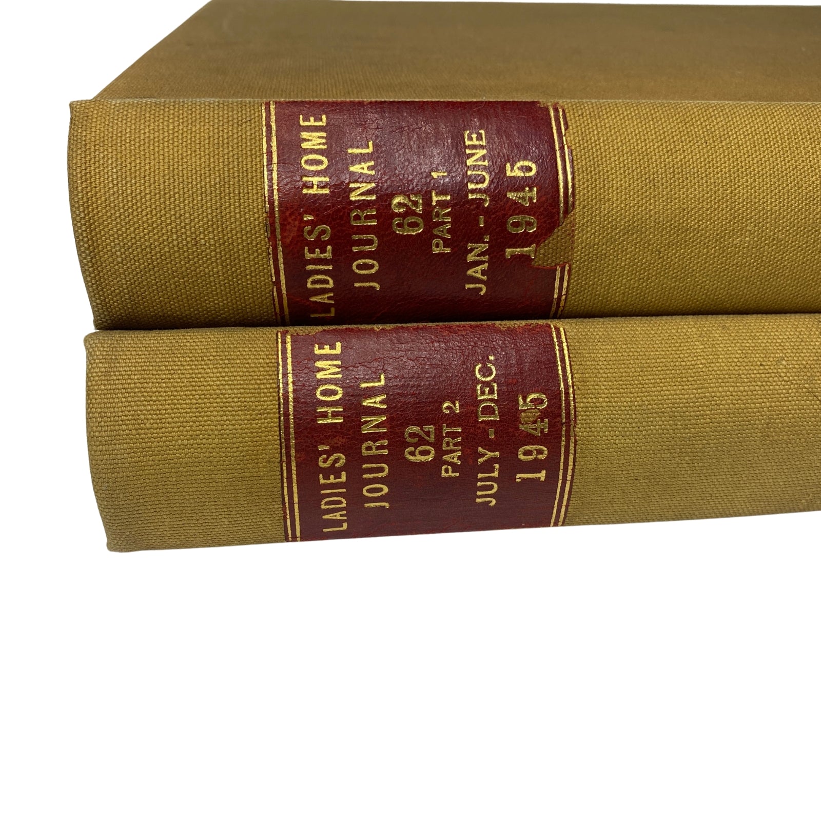 Ladies' Home Journal Library Bound Magazine 1945, showcasing the spine design of the bindings with the years January to June and July to December highlighted.