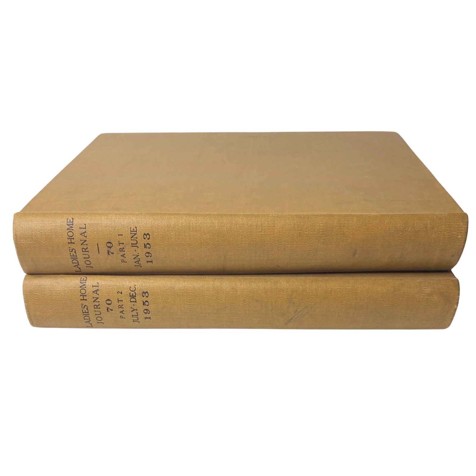 Ladies' Home Journal Library Bound Magazine 1953 Full Year January - December, showcasing the spines of two bound volumes from 1953 displaying titles and dates.