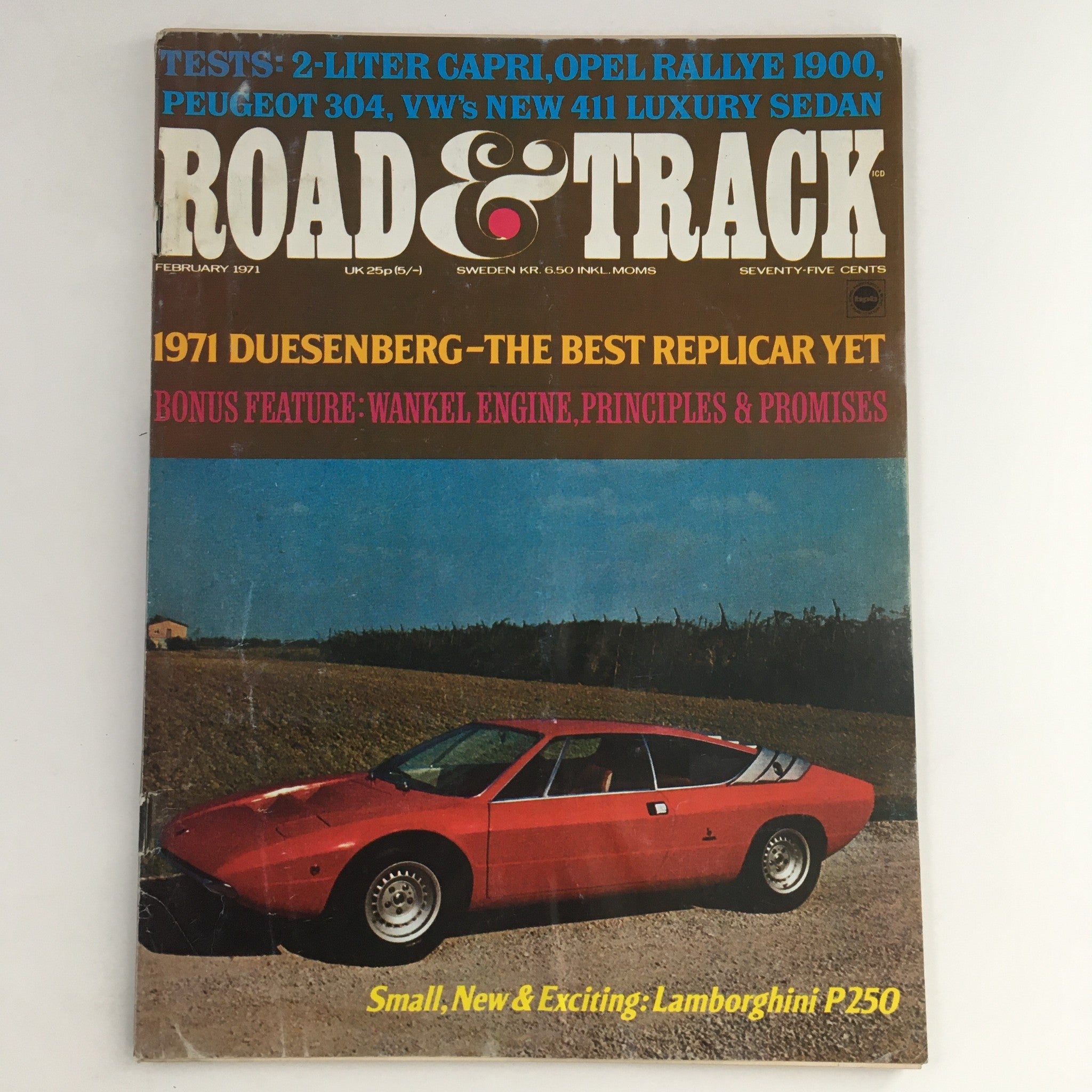 Road & Track Magazine February 1971 Duesenberg & Lamborghini P250, No Label