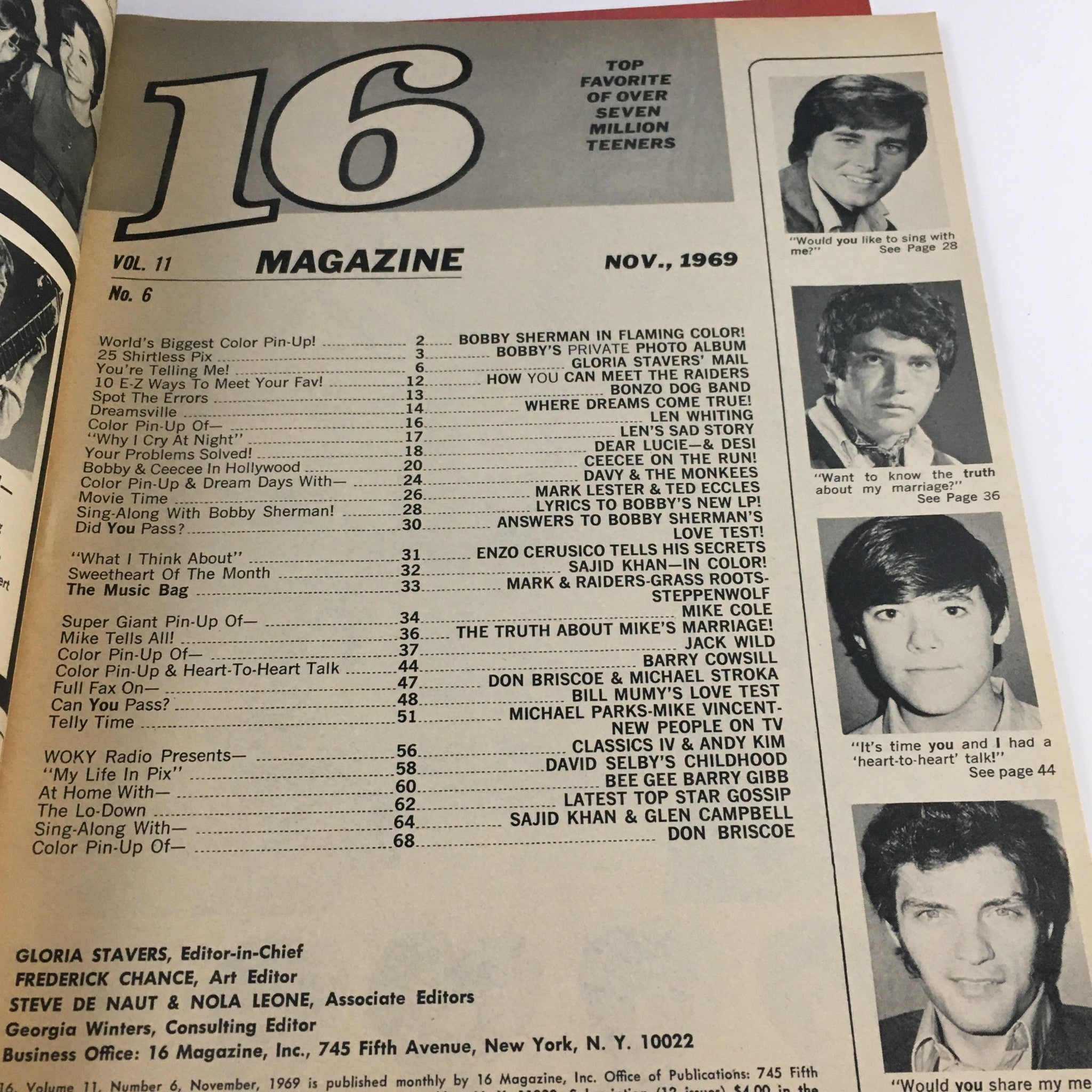 16 Magazine November 1969 Mike Cole, Barry Cowsill, CeeCee & Bobby, No Label