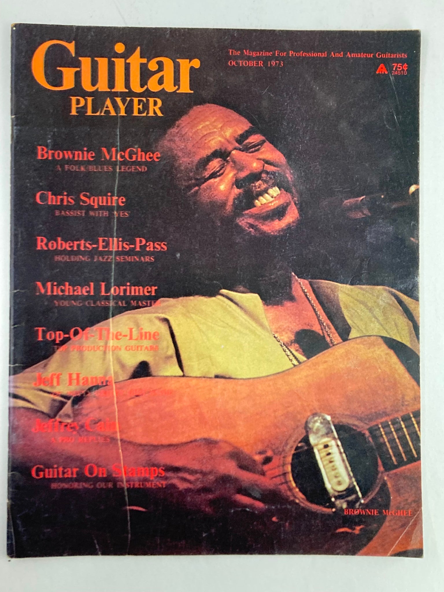 Guitar Player Magazine October 1973, Vol 7 #7 featuring Brownie McGhee, capturing the essence of folk blues with an image of the musician playing guitar. The cover highlights articles and insights on guitar playing relevant to music enthusiasts.