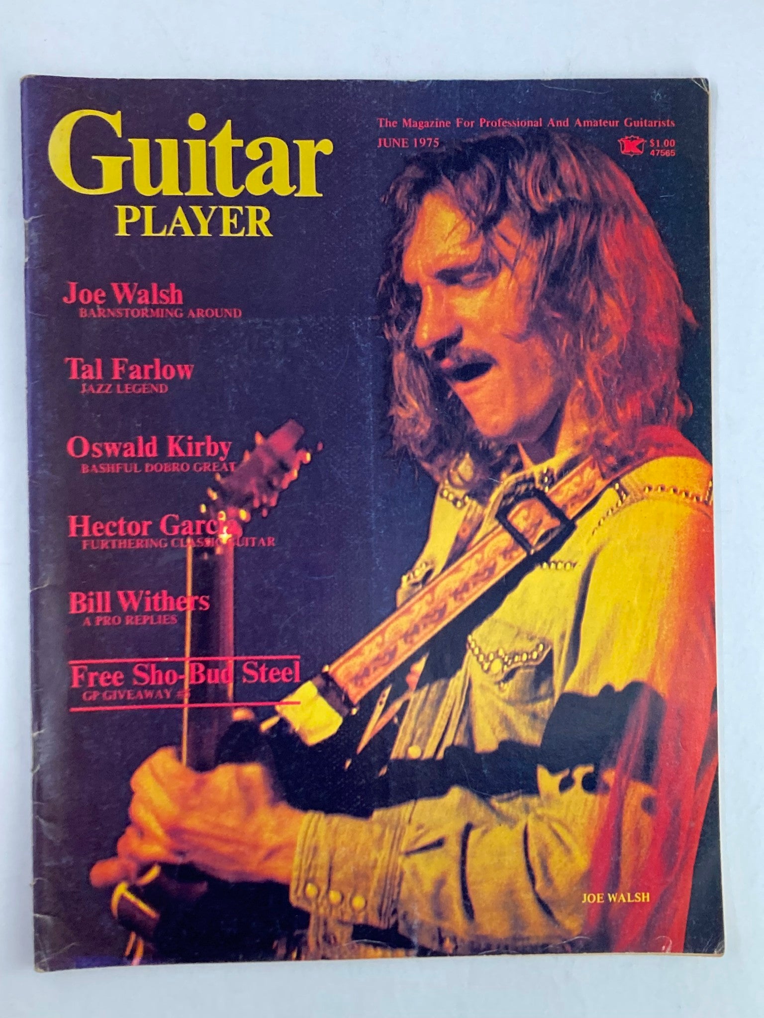 Cover of Guitar Player Magazine, June 1975, Volume 9 Issue 6 featuring Joe Walsh. The cover highlights the iconic guitarist alongside articles about Tal Farlow, Oswald Kirby, and Hector Garcia.