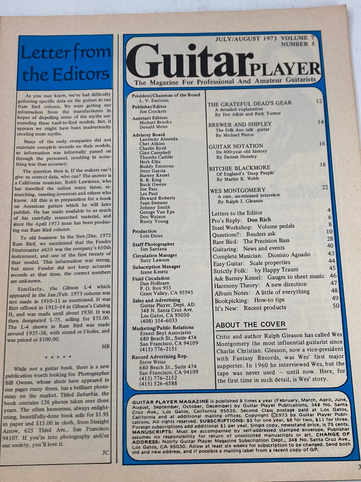 Contents page of VTG Guitar Player Magazine July 1973, Volume 7, Number 5, detailing articles including Ritchie Blackmore and Wes Montgomery's rare interview, enhancing its historical significance for music lovers.