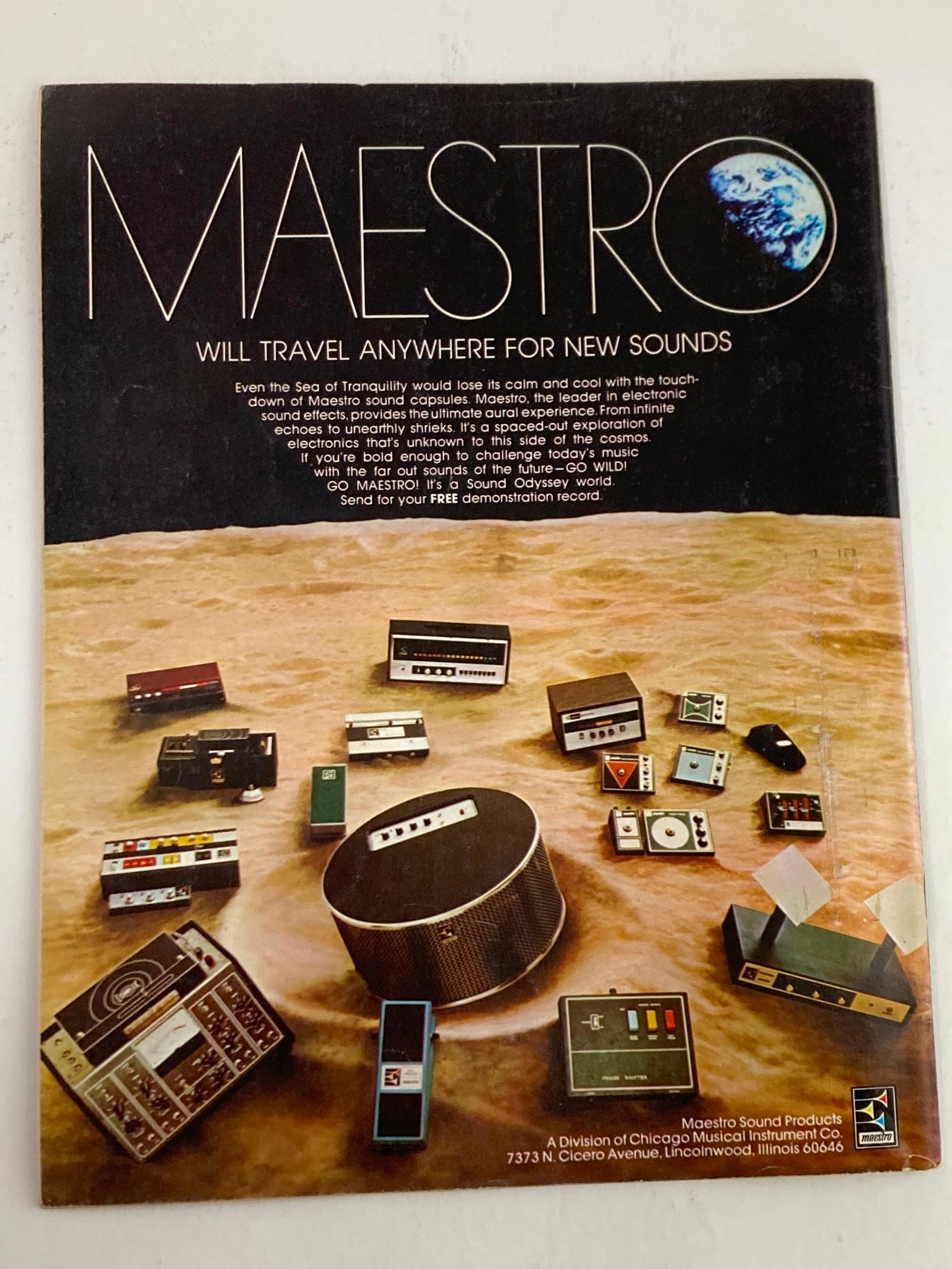 Vintage Maestro advertisement featuring electronic sound capsules and music equipment, showcasing 'Maestro will travel anywhere for new sounds'. Includes various sound devices in a creative layout, highlighting the brand's innovative approach to music technology.