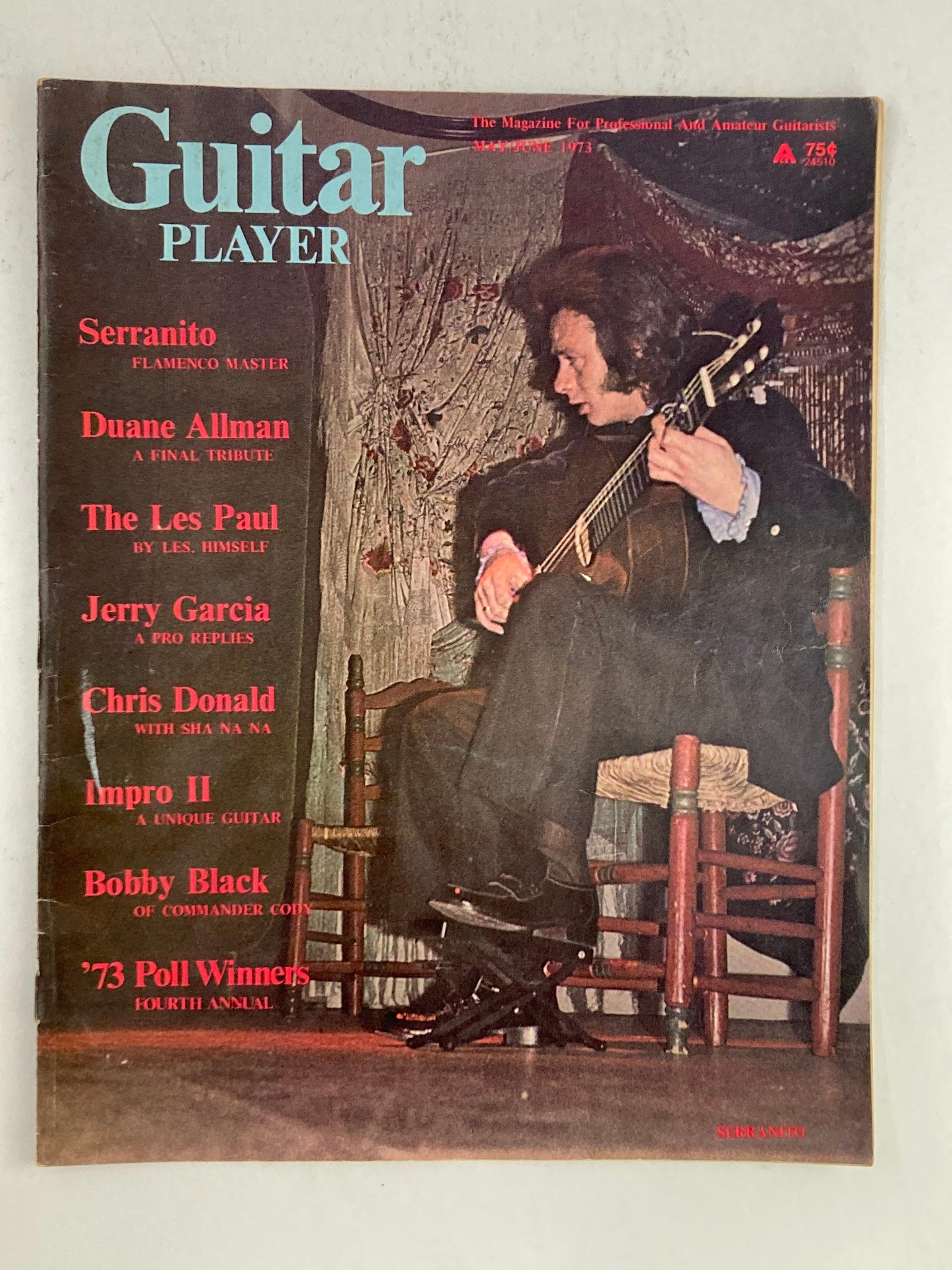 Cover of VTG Guitar Player Magazine, May 1973, featuring Serranito, Flamenco Master, with various articles on guitarists including Duane Allman and The Les Paul.