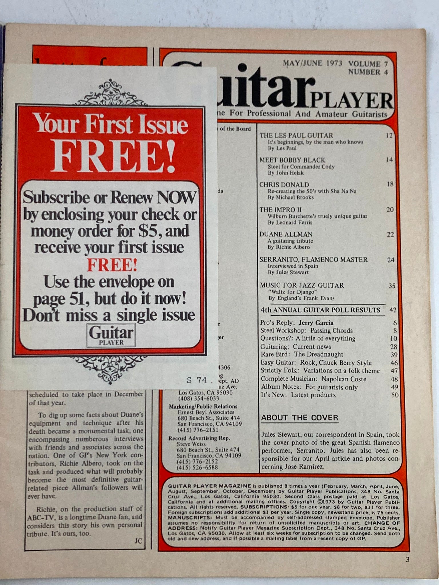 Inside page of VTG Guitar Player Magazine, May 1973, displaying a subscription offer and table of contents, including highlights like Serranito, Flamenco Master.