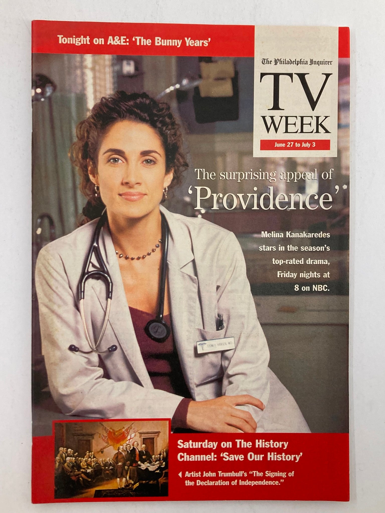 The Philadelphia Inquirer TV Week, June 27 1999, featuring Melina Kanakaredes on the cover, showcasing her role in the popular drama 'Providence'. The magazine highlights television trends and shows from the late 90s.