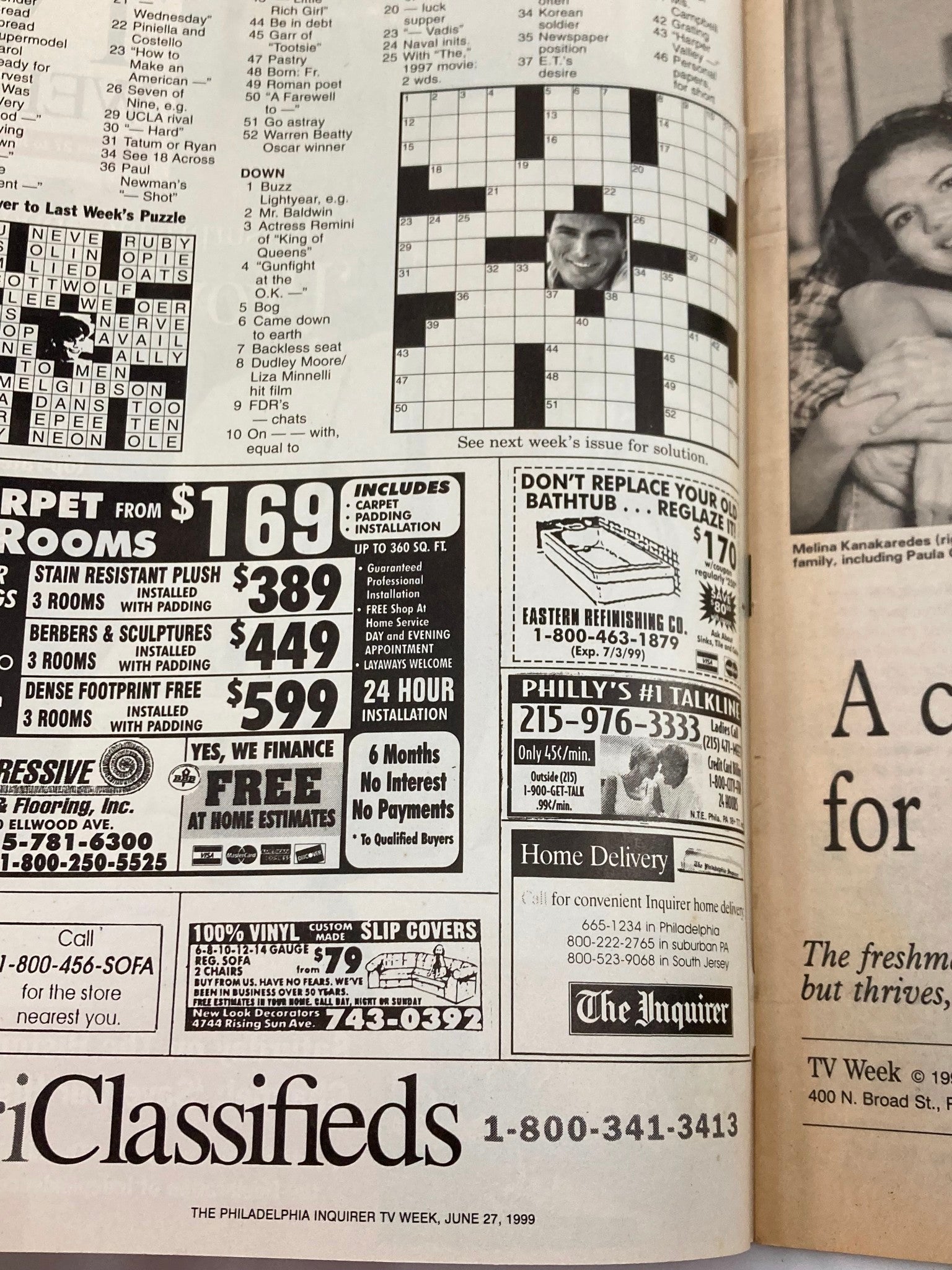 Inside page of The Philadelphia Inquirer TV Week, June 27 1999, displaying a crossword puzzle and various classified ads, reflecting the magazine's content and style during that era.