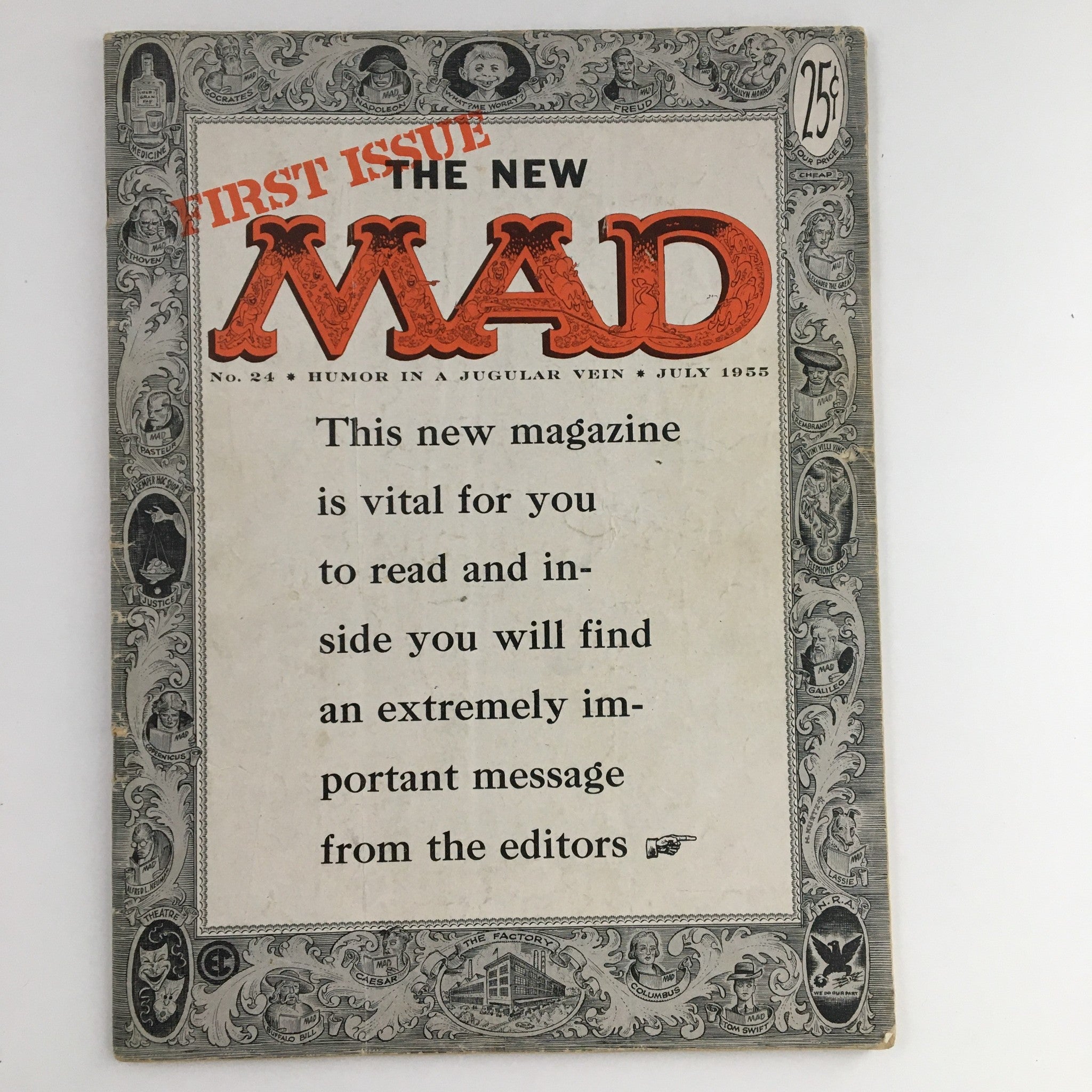 Cover of Mad Magazine, July 1955, Issue No. 24, labeled as 'The First Issue,' in fine condition (6.0 FN)