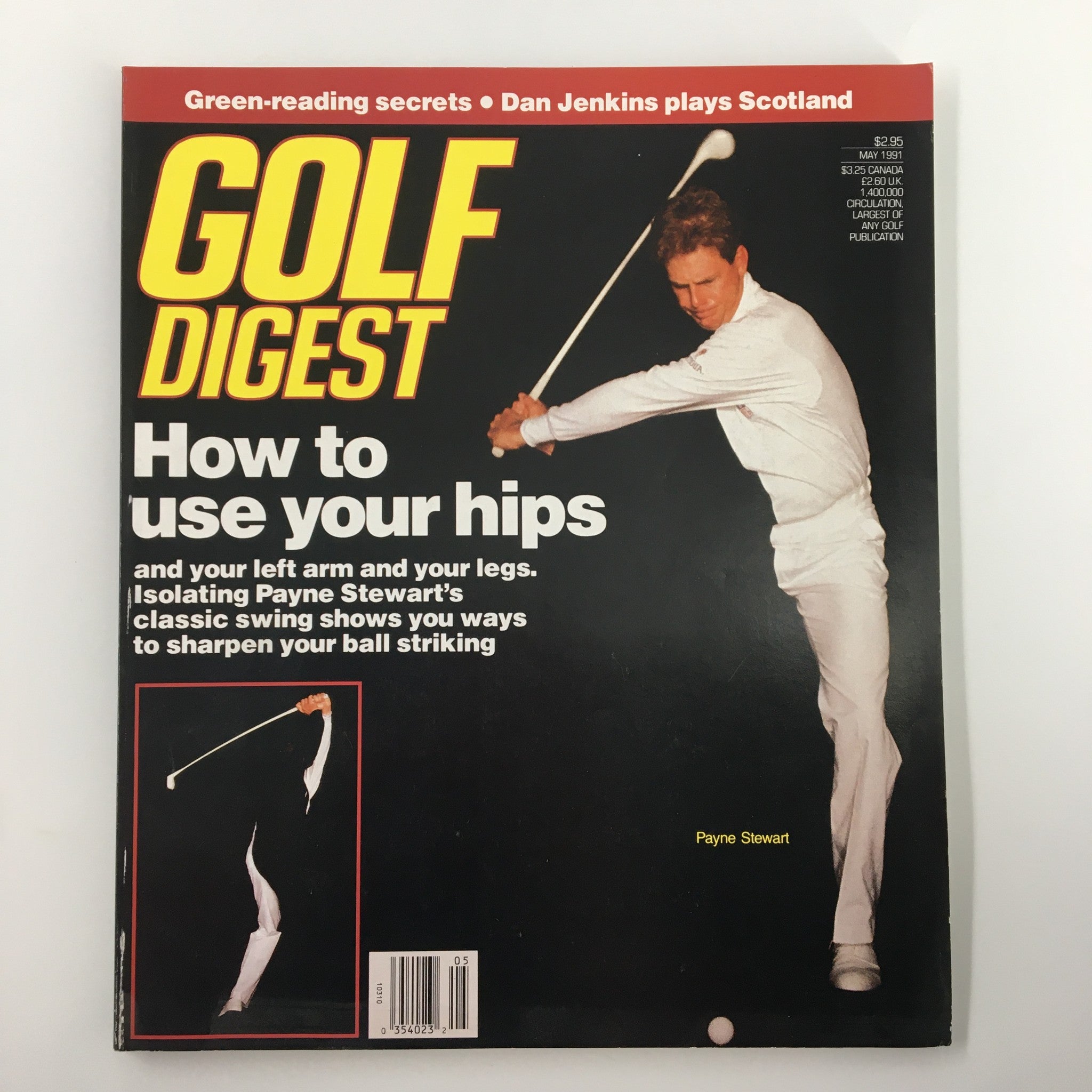 Golf Digest Magazine May 1991 cover featuring Payne Stewart with the article "How to Use Your Hips". The cover highlights techniques to improve golf performance.