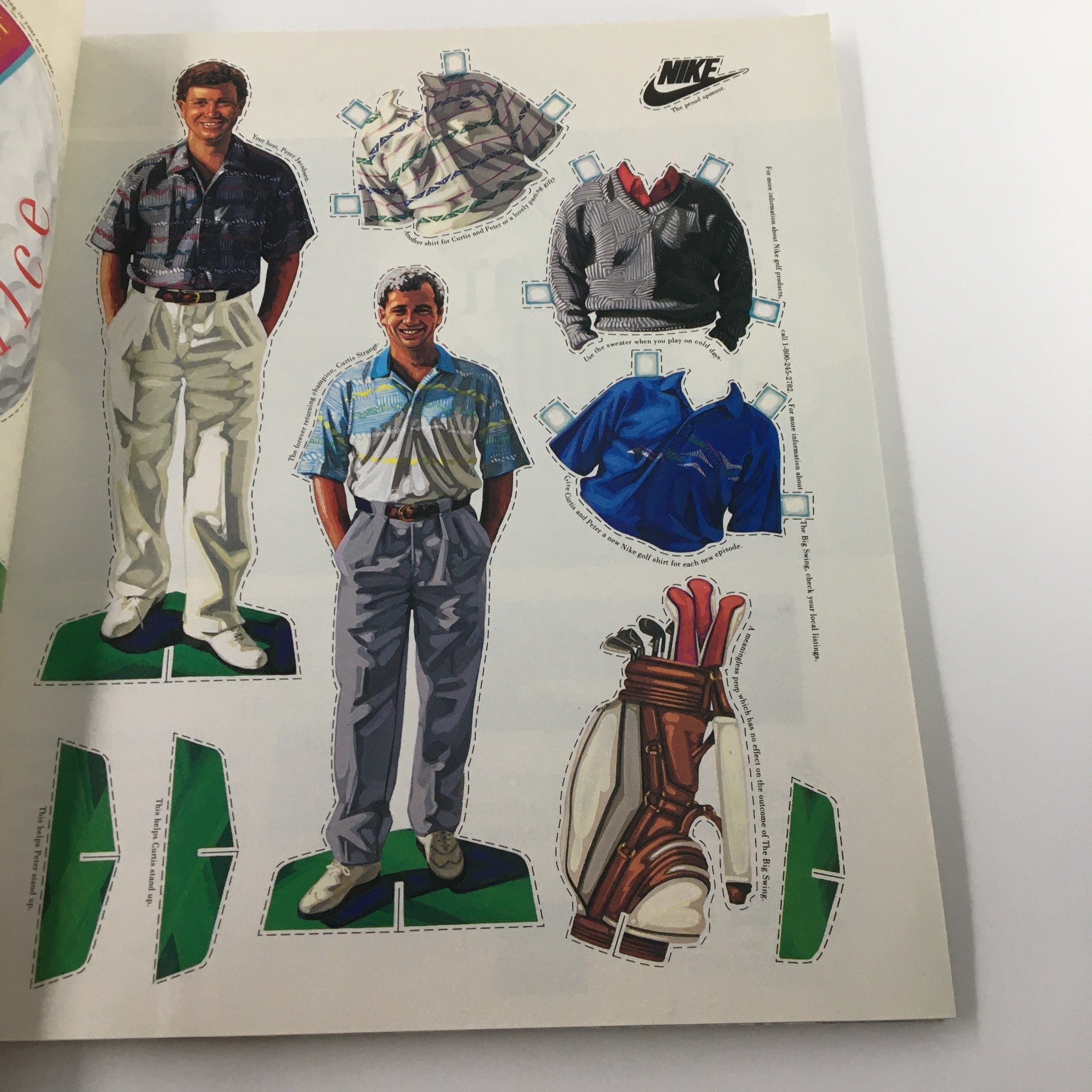 Interior page of Golf Digest Magazine May 1991 showcasing a cut-out illustration of a golfer in various Nike apparel and golf equipment, reflecting the fashion trends in golf during the early 90s.
