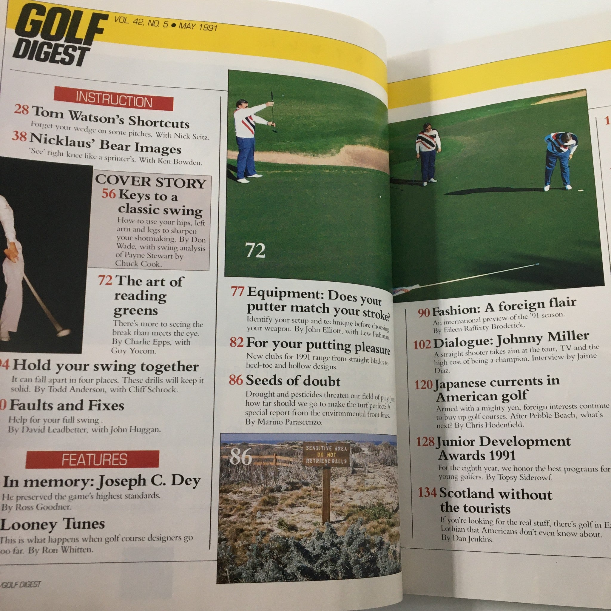 Golf Digest Magazine May 1991 showcasing the table of contents including articles on golf techniques and featured topics such as Payne Stewart's insights on using hips for better swings.