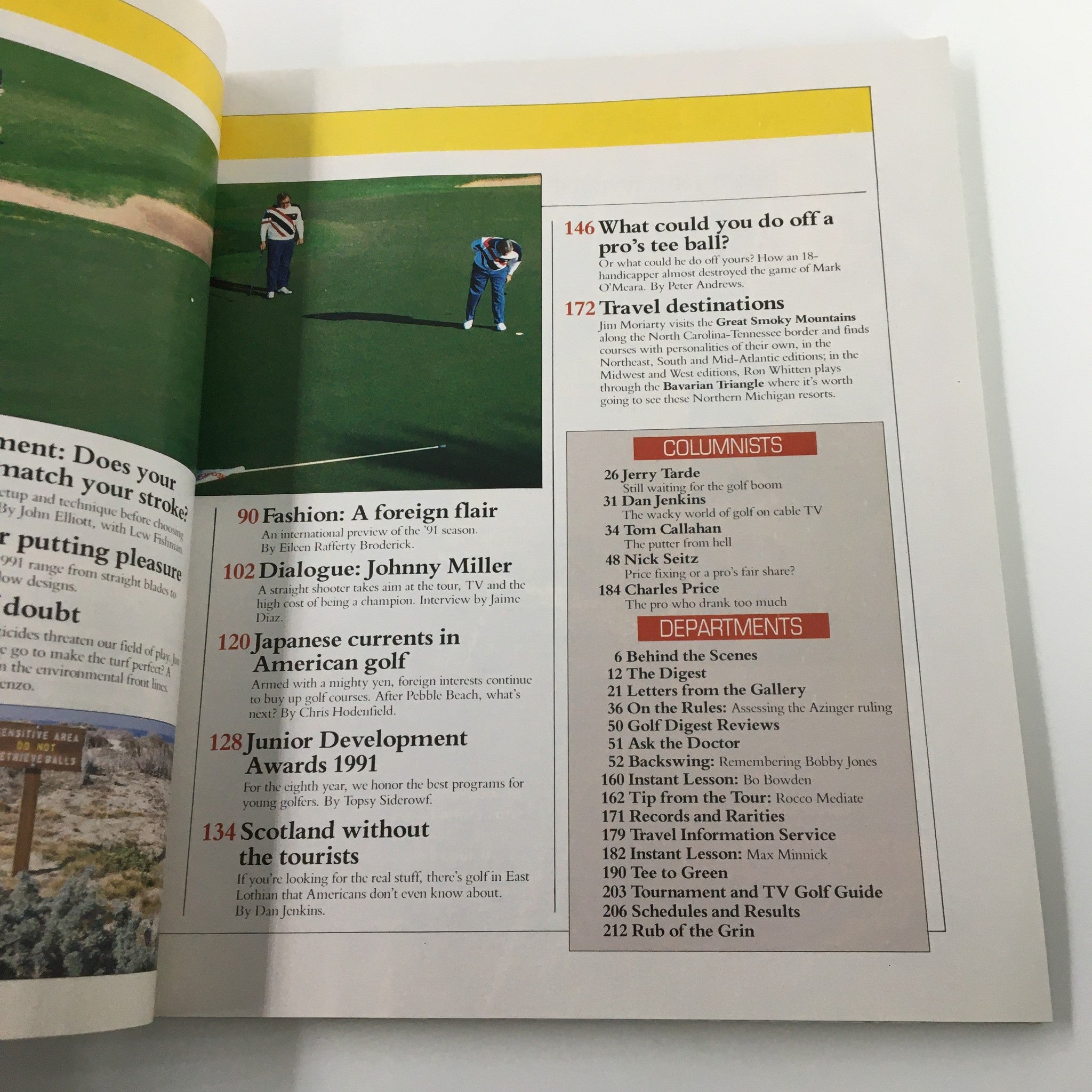 Golf Digest Magazine May 1991 highlighting the page with articles and columns, focusing on golf instruction and featured sport fashion for the year.
