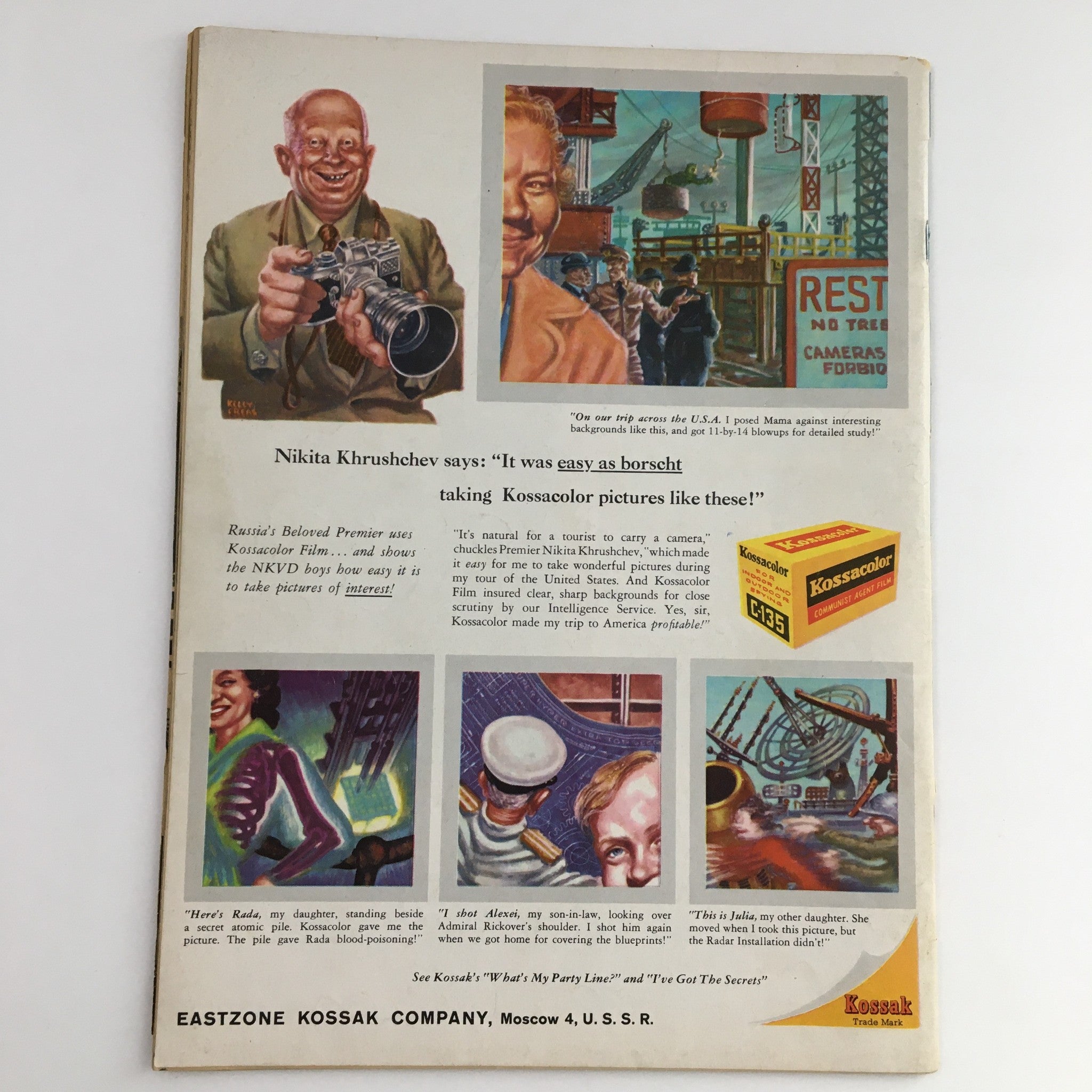 Back cover of Mad Magazine March 1960 No. 53 showing humorous illustrations and text related to Kossacolor film.