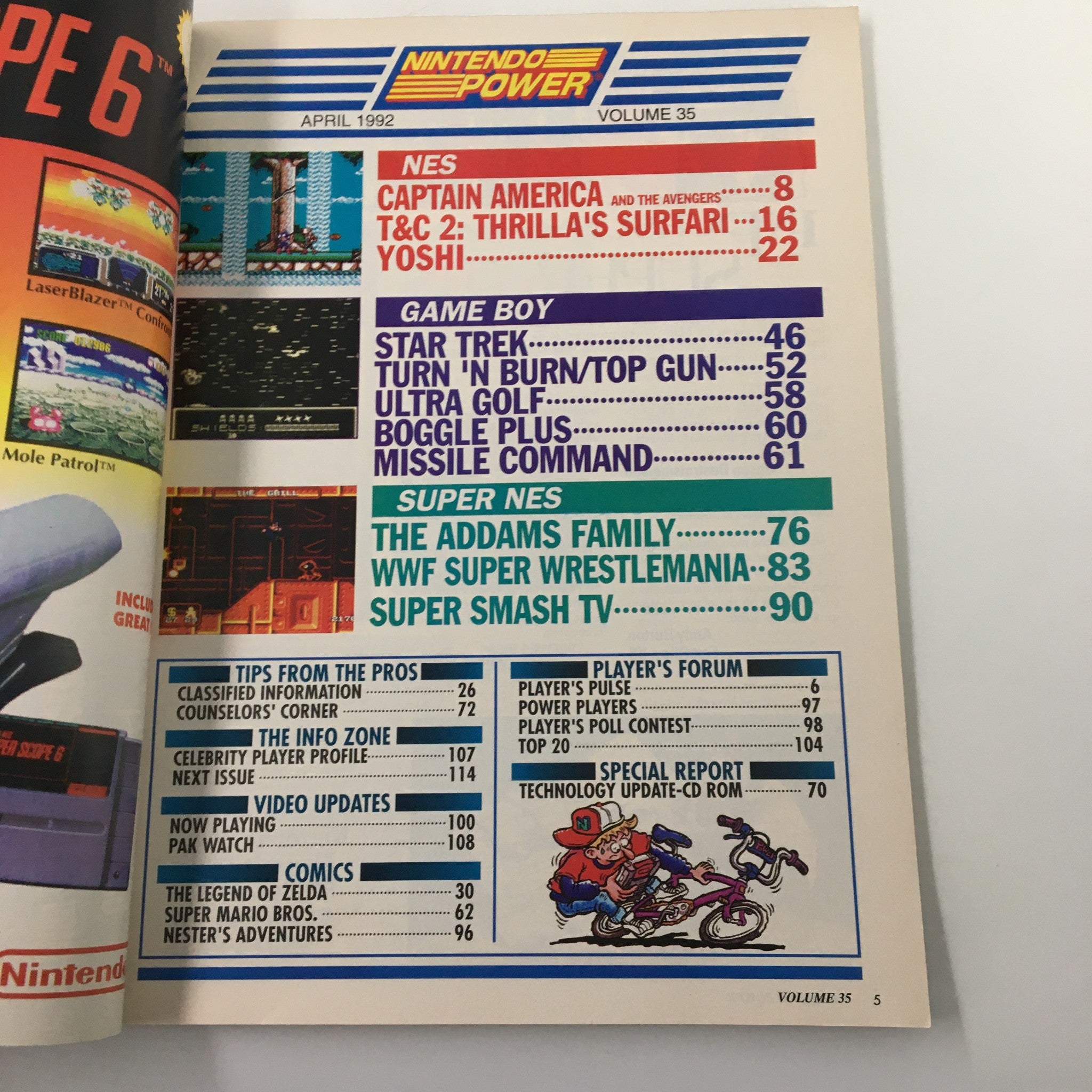 Table of contents from Nintendo Power Magazine April 1992 #35 showcasing featured articles and game sections.