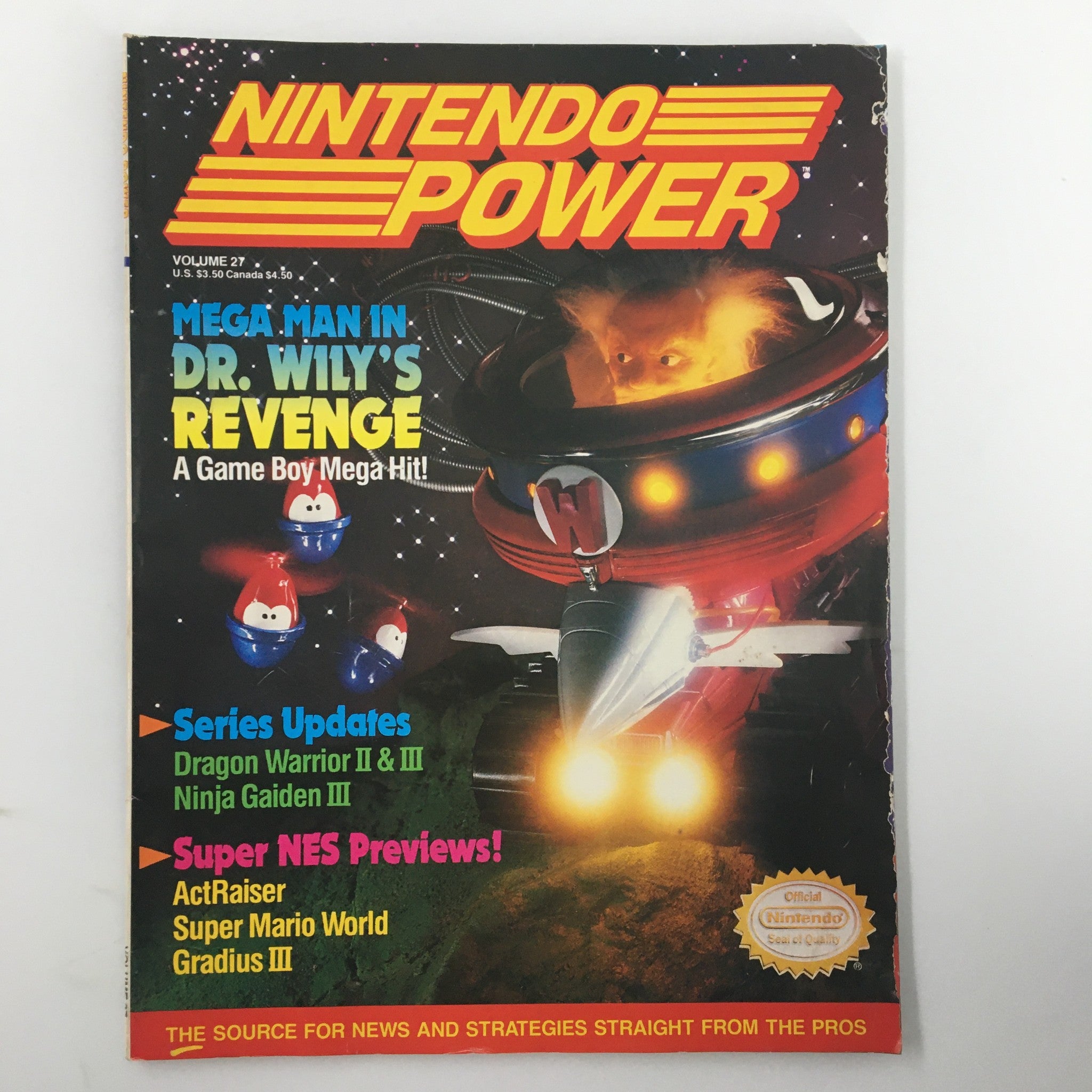 Front cover of Nintendo Power Magazine August 1991, Issue #27 featuring Mega Man in Dr. Wily's Revenge, showcasing vibrant graphics and key game highlights.