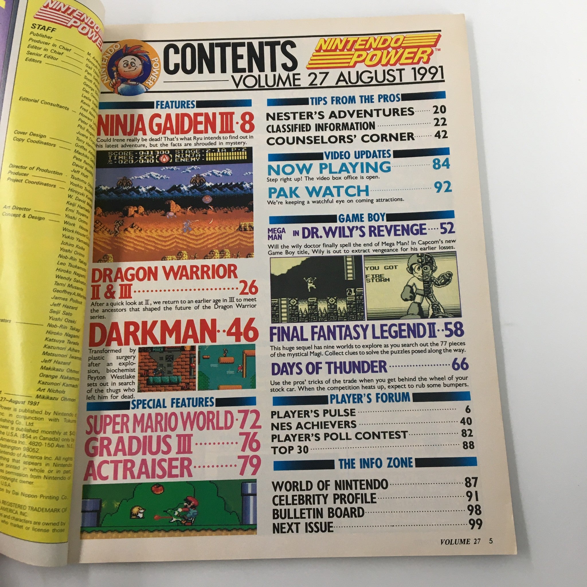 Contents page from Nintendo Power Magazine August 1991 Issue #27, detailing features, articles, and game guides, including Mega Man in Dr. Wily.